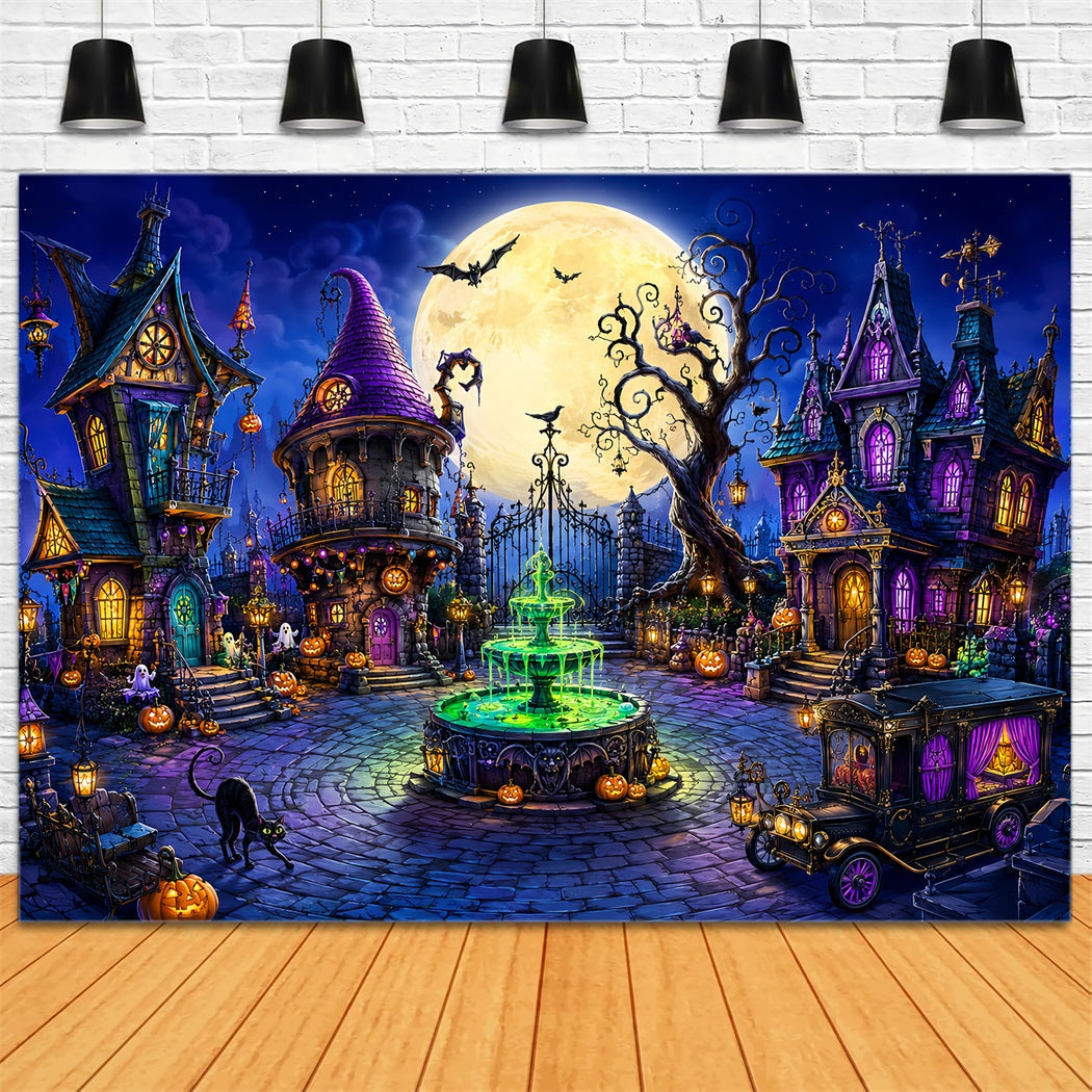 Halloween Backdrop Outdoor Whimsical Moon Witch Town Photo Backdrop Halloween UK LXX67-131