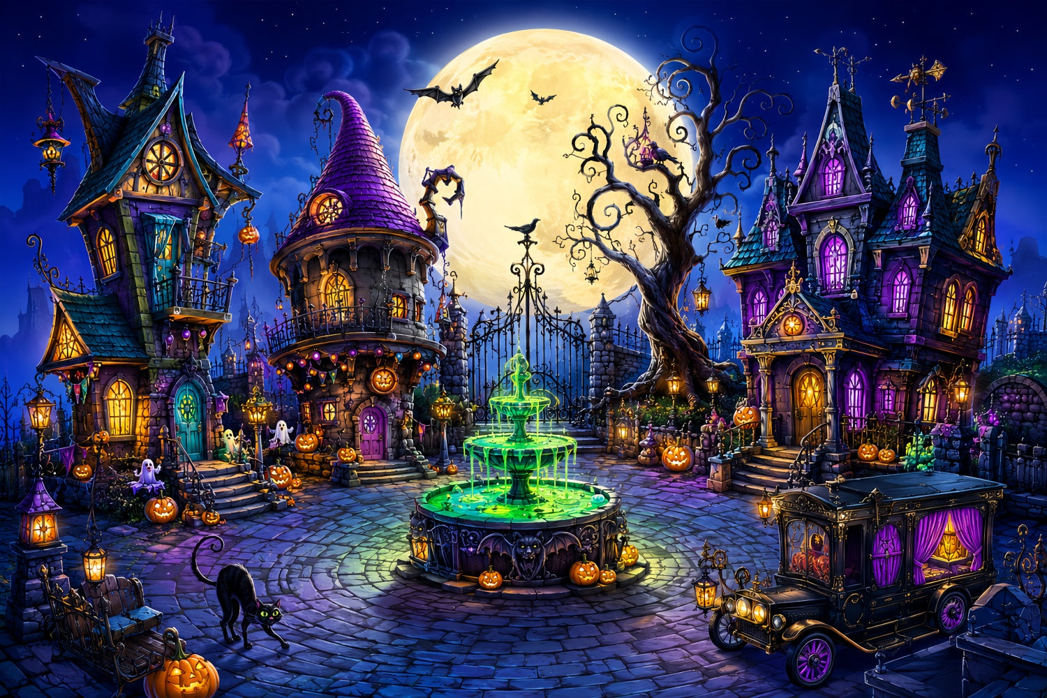 Halloween Backdrop Outdoor Whimsical Moon Witch Town Photo Backdrop Halloween UK LXX67-131