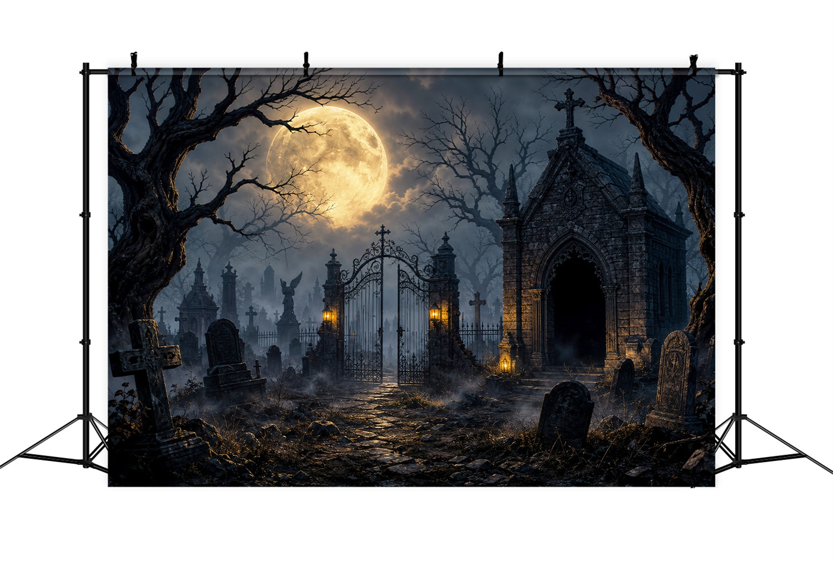 Halloween Graveyard Backdrops Moonlit Gothic Cemetery Gate Photo Booth Halloween Backdrop UK LXX67-132