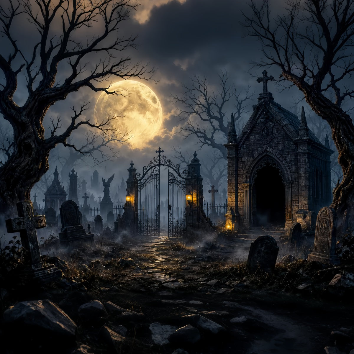 Halloween Graveyard Backdrops Moonlit Gothic Cemetery Gate Photo Booth Halloween Backdrop UK LXX67-132