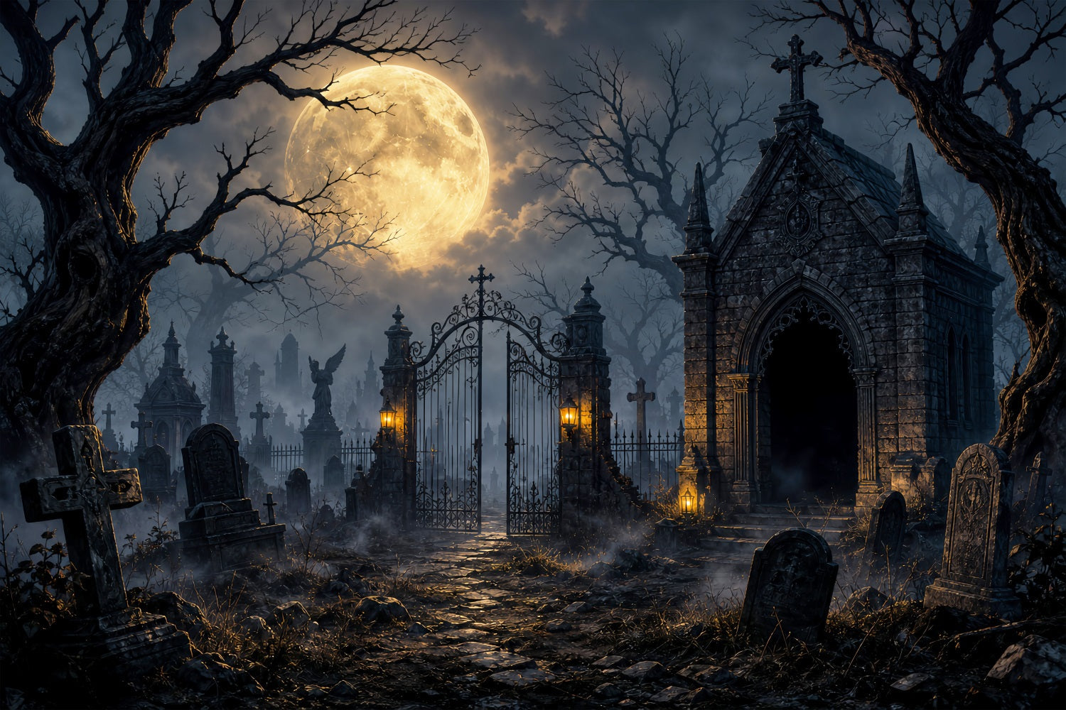 Halloween Graveyard Backdrops Moonlit Gothic Cemetery Gate Photo Booth Halloween Backdrop UK LXX67-132