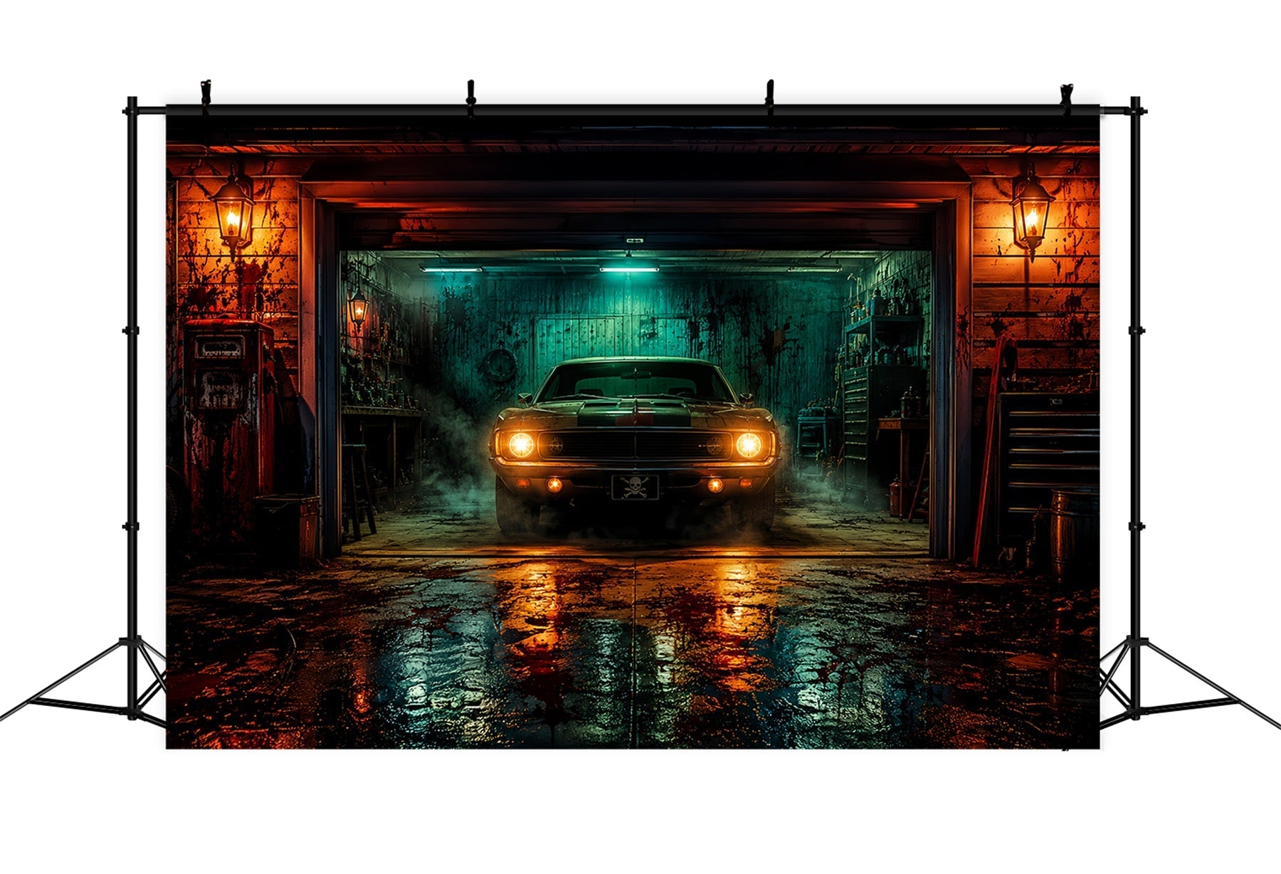 Halloween Garage Backdrop Haunted Muscle Car Barn Backdrops For Halloween UK LXX67-134