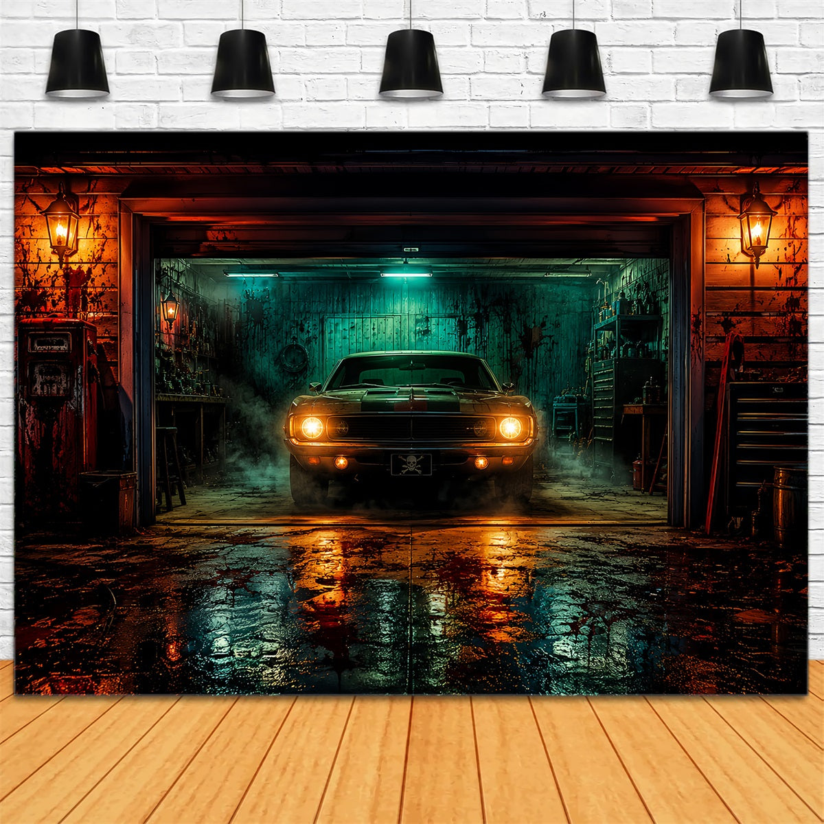 Halloween Garage Backdrop Haunted Muscle Car Barn Backdrops For Halloween UK LXX67-134
