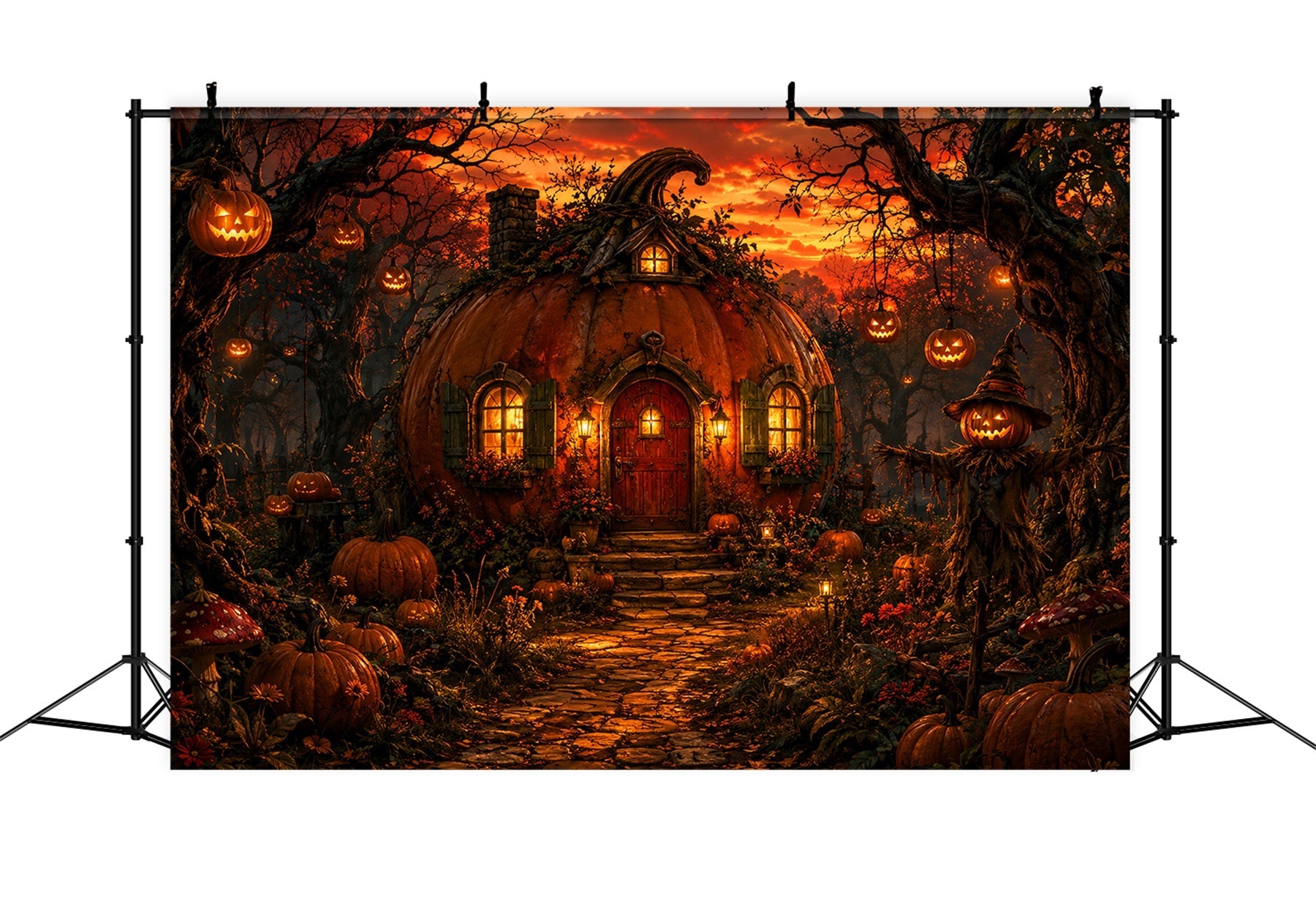Halloween House Backdrop Pumpkin Cottage Forest Sunset Halloween Cemetery Backdrop UK LXX67-136
