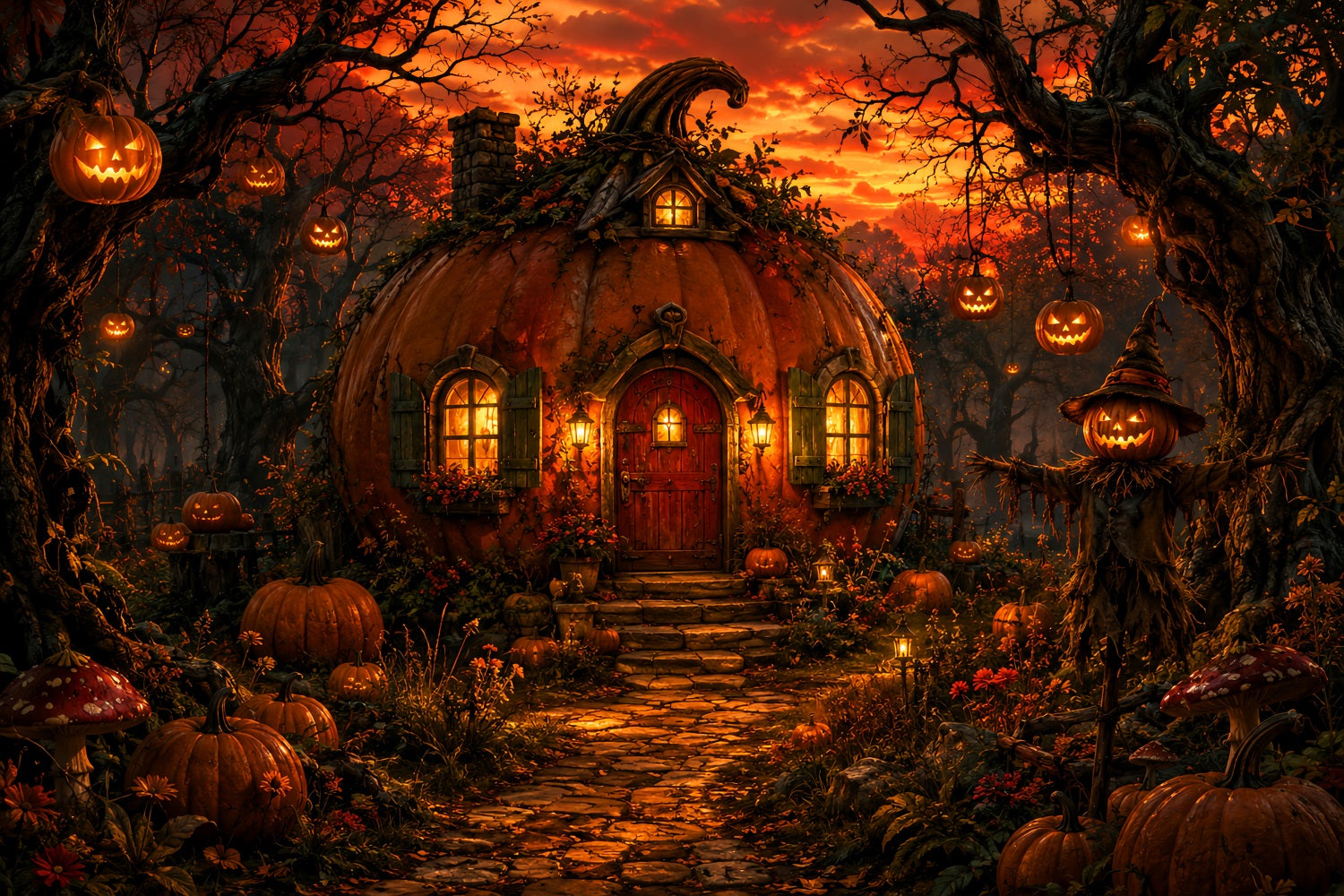 Halloween House Backdrop Pumpkin Cottage Forest Sunset Halloween Cemetery Backdrop UK LXX67-136