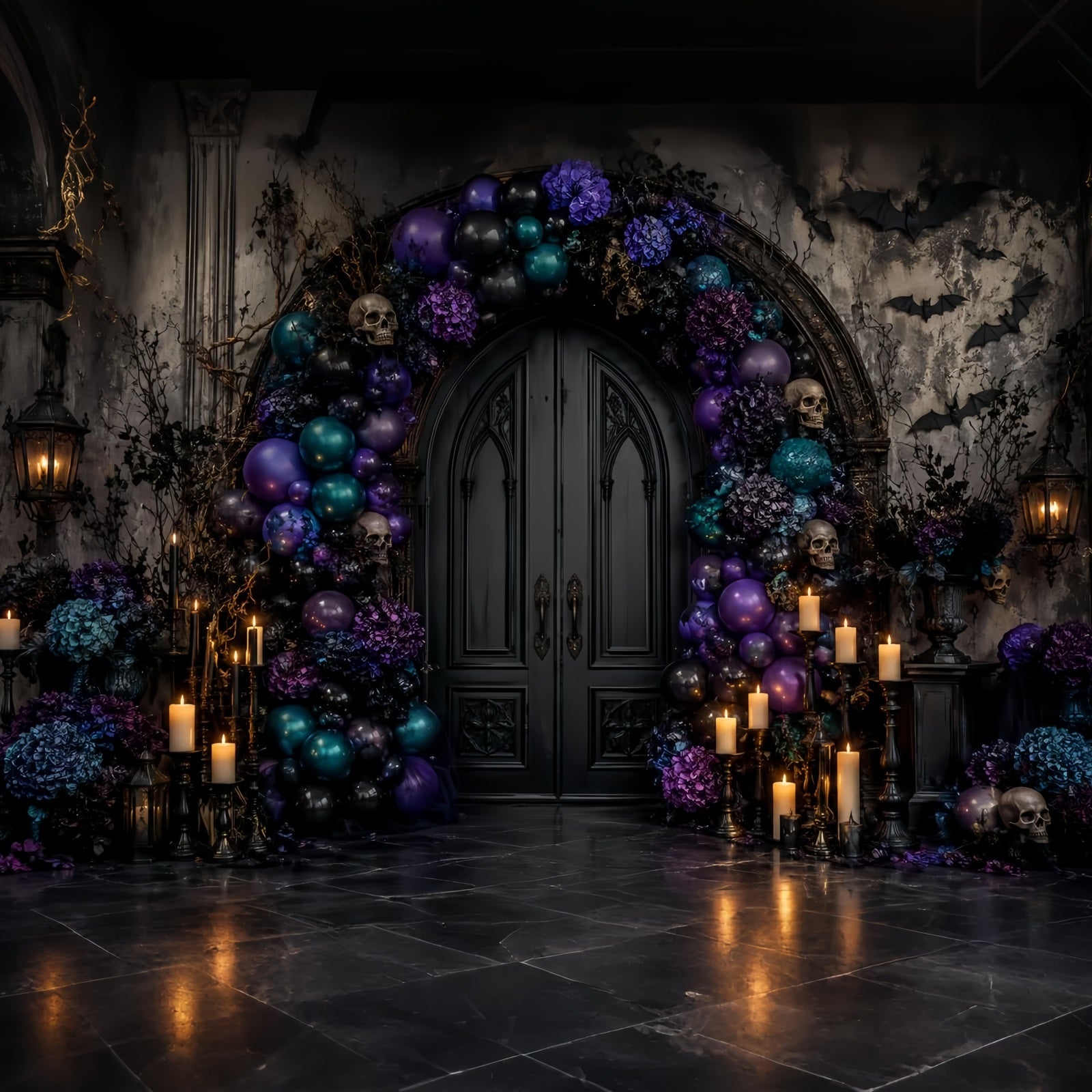 Halloween Balloon Backdrop Skull Door Floral Arch Halloween Themed Backdrop UK LXX67-139