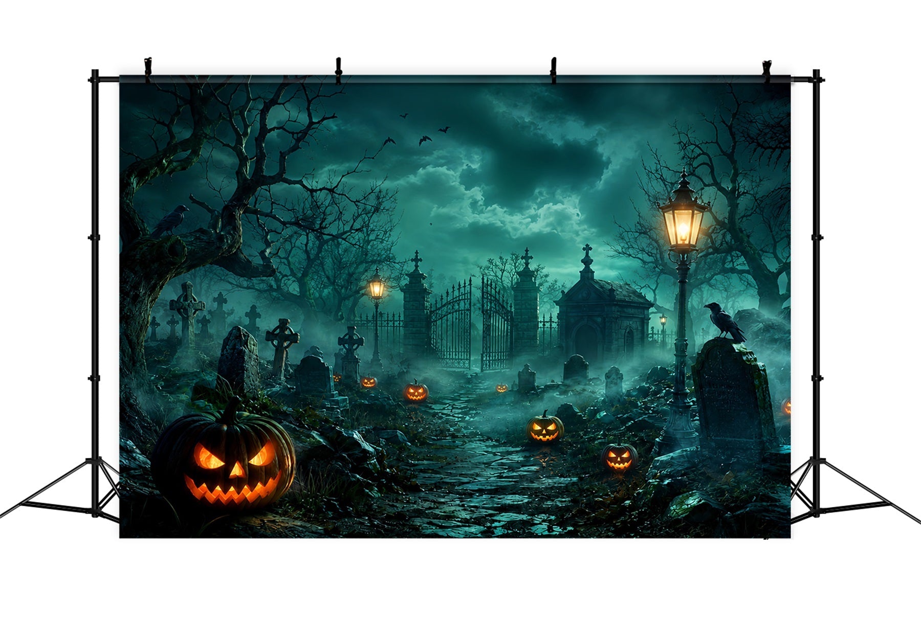 Custom Halloween Backdrop Foggy Graveyard Gate Pumpkins Halloween Graveyard Backdrop UK LXX67-14