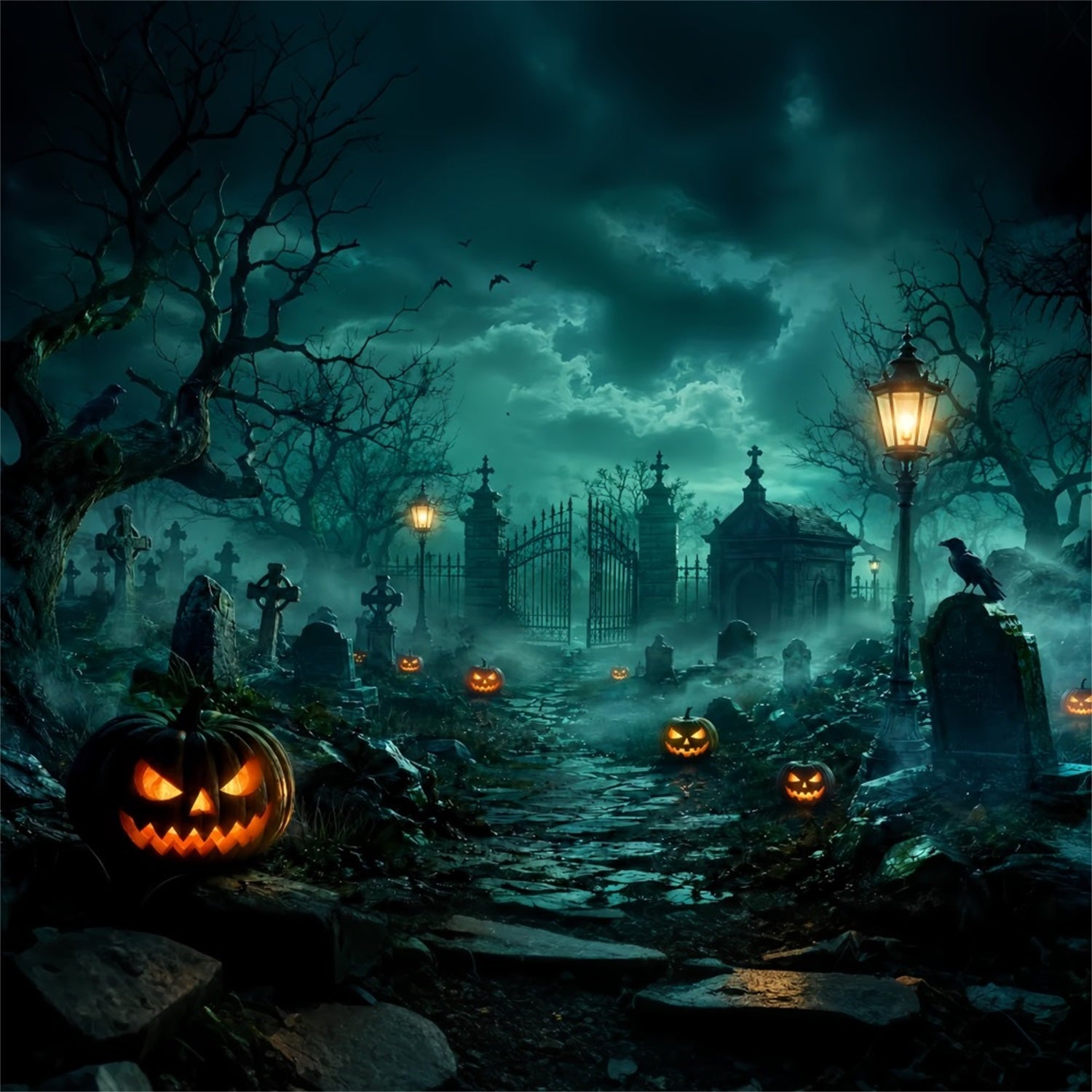 Custom Halloween Backdrop Foggy Graveyard Gate Pumpkins Halloween Graveyard Backdrop UK LXX67-14