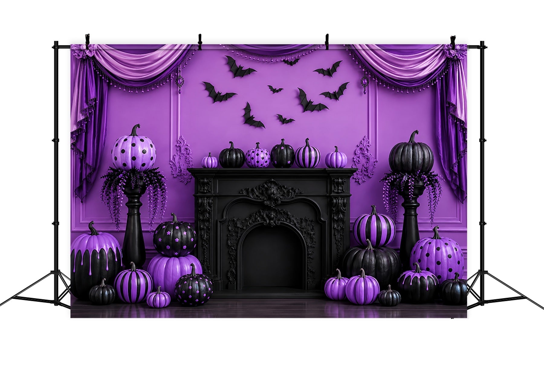 Halloween Stage Backdrop Purple Pumpkin Gothic Fireplace Halloween Photography Backdrops UK LXX67-144