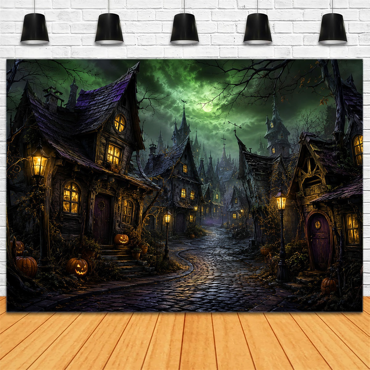 Photography Backdrops Halloween Green Moon Crooked Village Halloween Town Backdrop UK LXX67-146