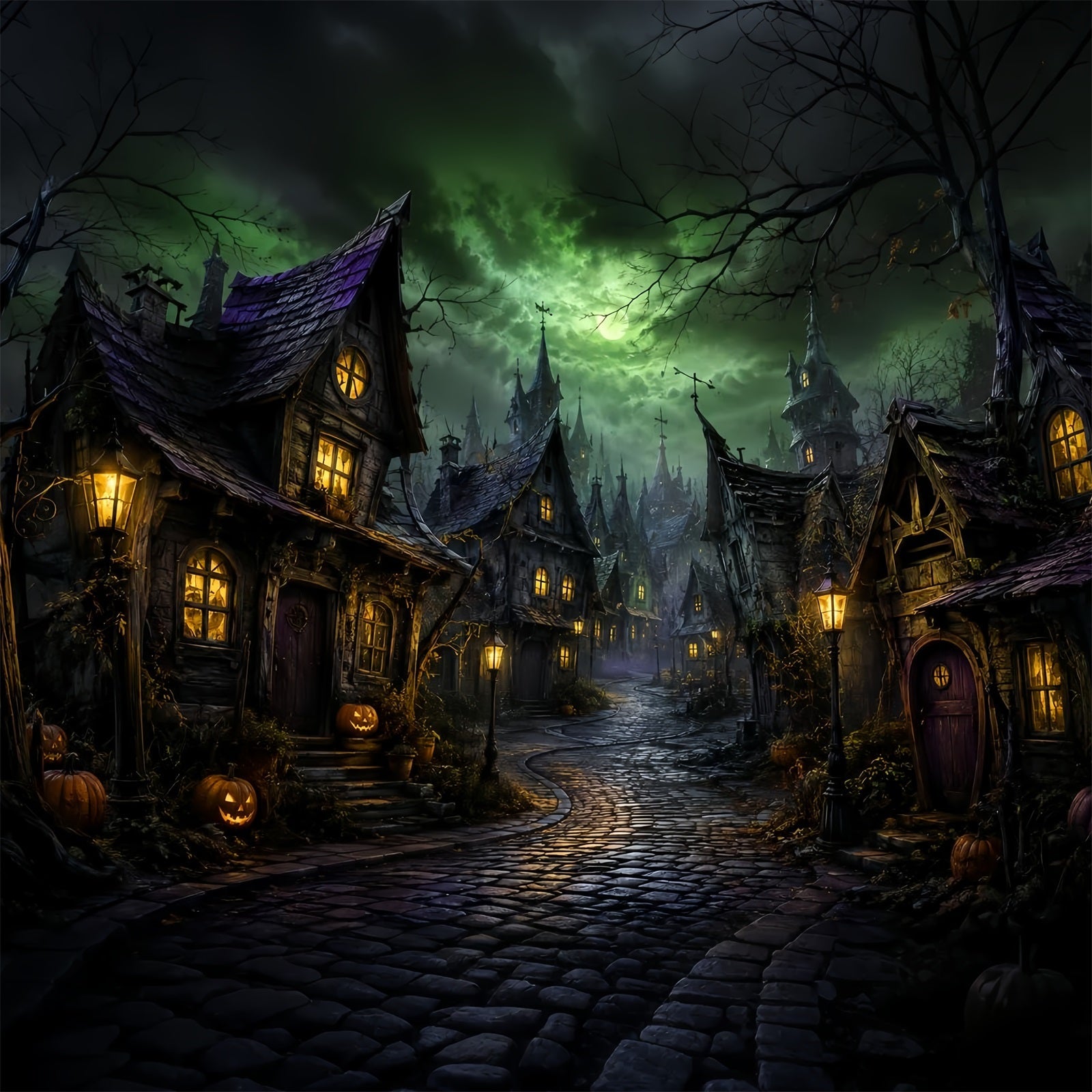 Photography Backdrops Halloween Green Moon Crooked Village Halloween Town Backdrop UK LXX67-146