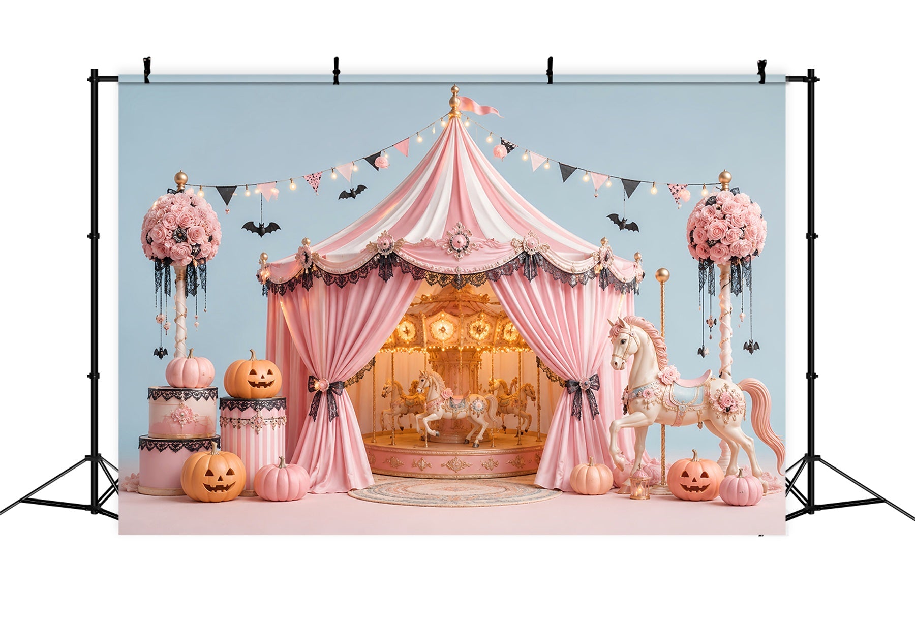 Halloween Backdrops For Pictures Pink Carousel Pumpkin Tent Halloween Circus Backdrop UK LXX67-148