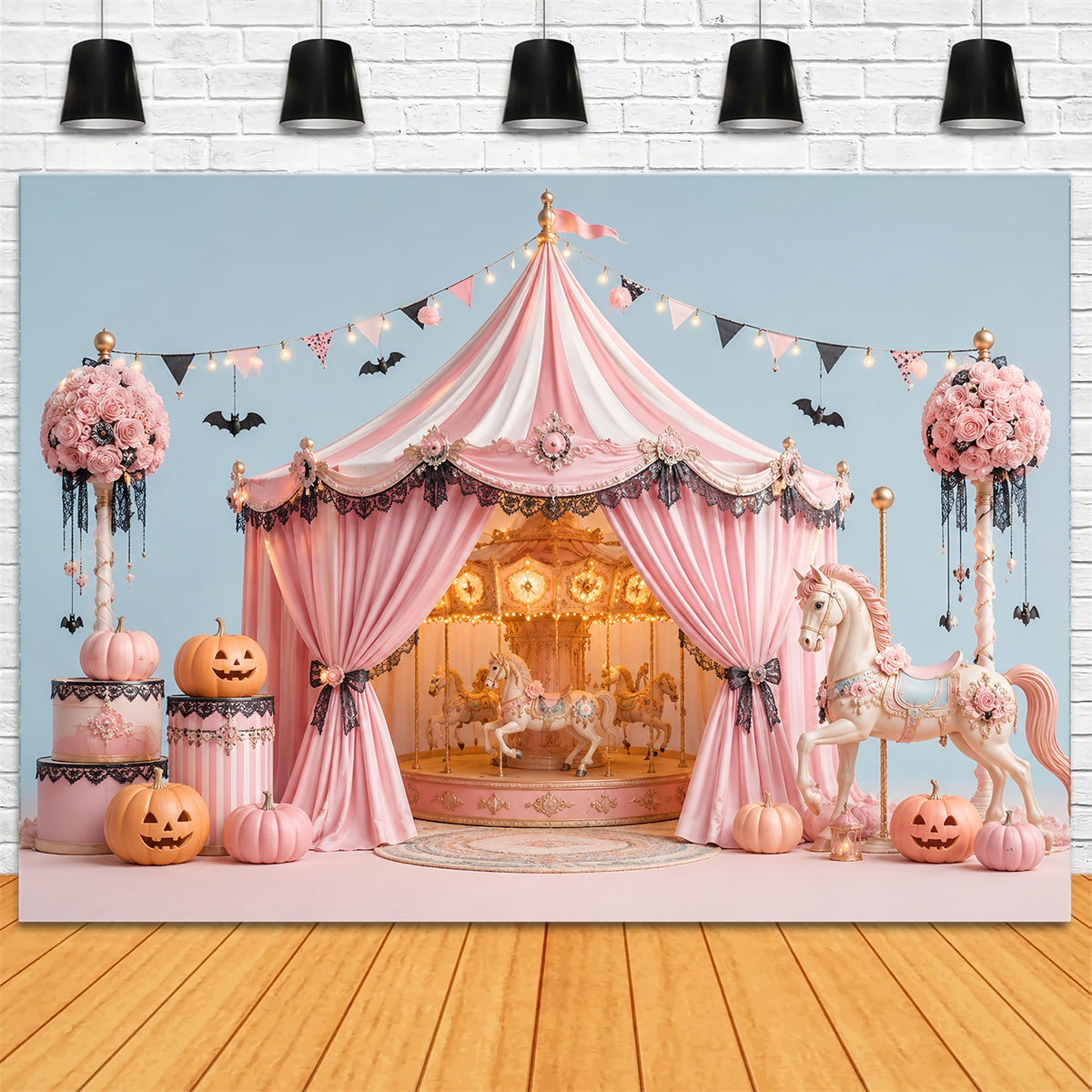 Halloween Backdrops For Pictures Pink Carousel Pumpkin Tent Halloween Circus Backdrop UK LXX67-148