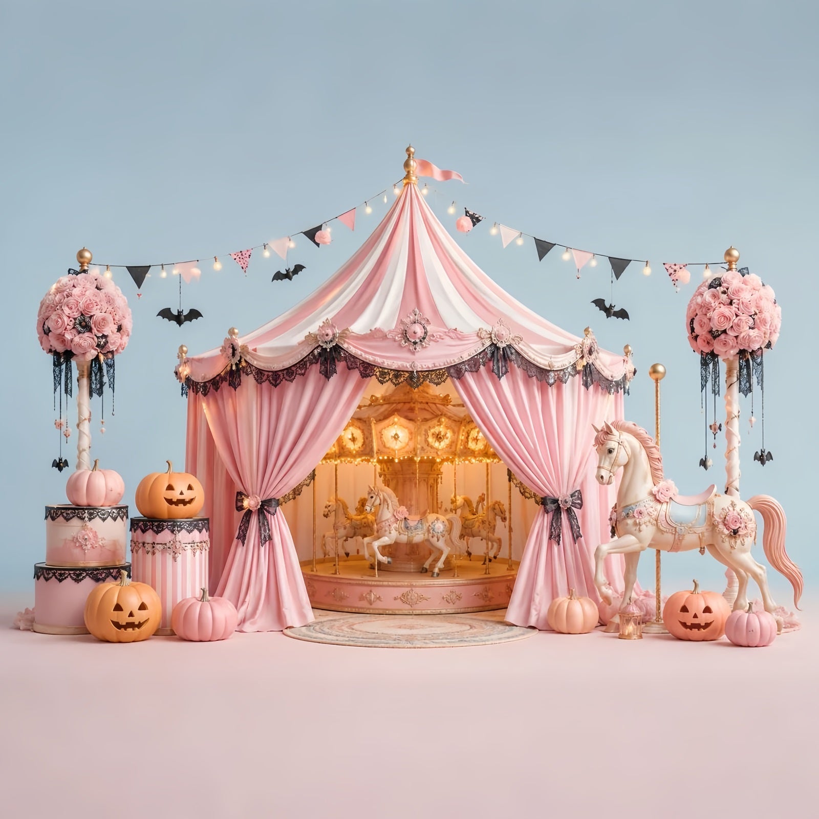 Halloween Backdrops For Pictures Pink Carousel Pumpkin Tent Halloween Circus Backdrop UK LXX67-148