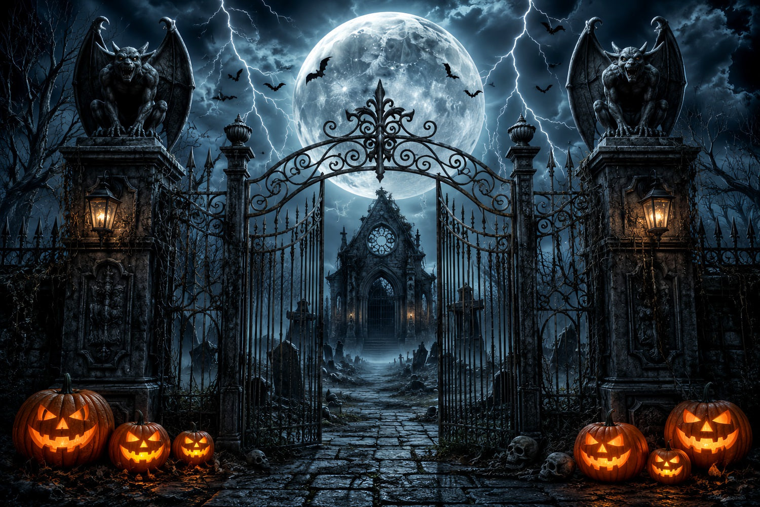 Halloween Party Photo Backdrop Ideas Stormy Gargoyle Cemetery Gateway Creepy Halloween Backdrop UK LXX67-154