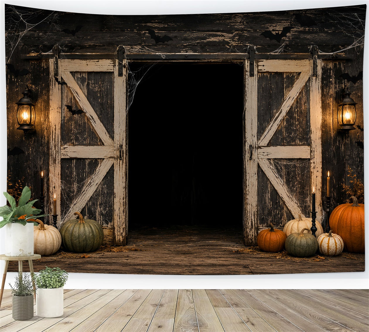 Halloween Scene Backdrop Rustic Pumpkin Barn Door Backdrop For Halloween UK LXX67-155