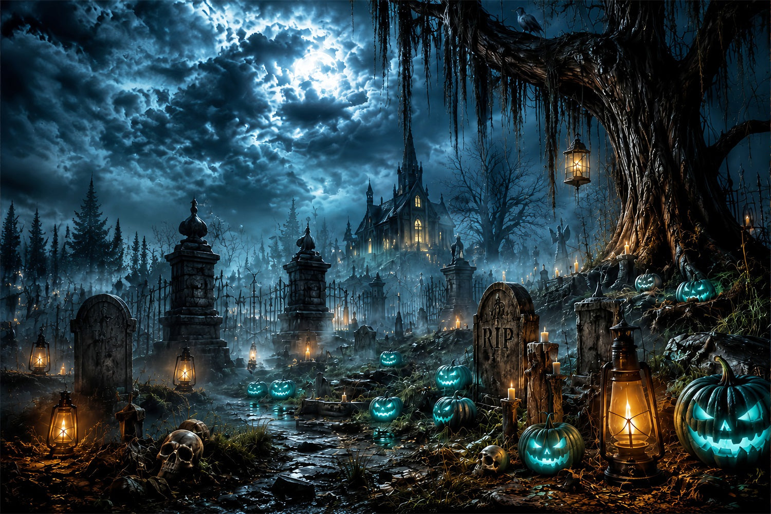 Halloween Castle Backdrop Moonlit Haunted Graveyard Pumpkins Large Halloween Backdrop UK LXX67-16