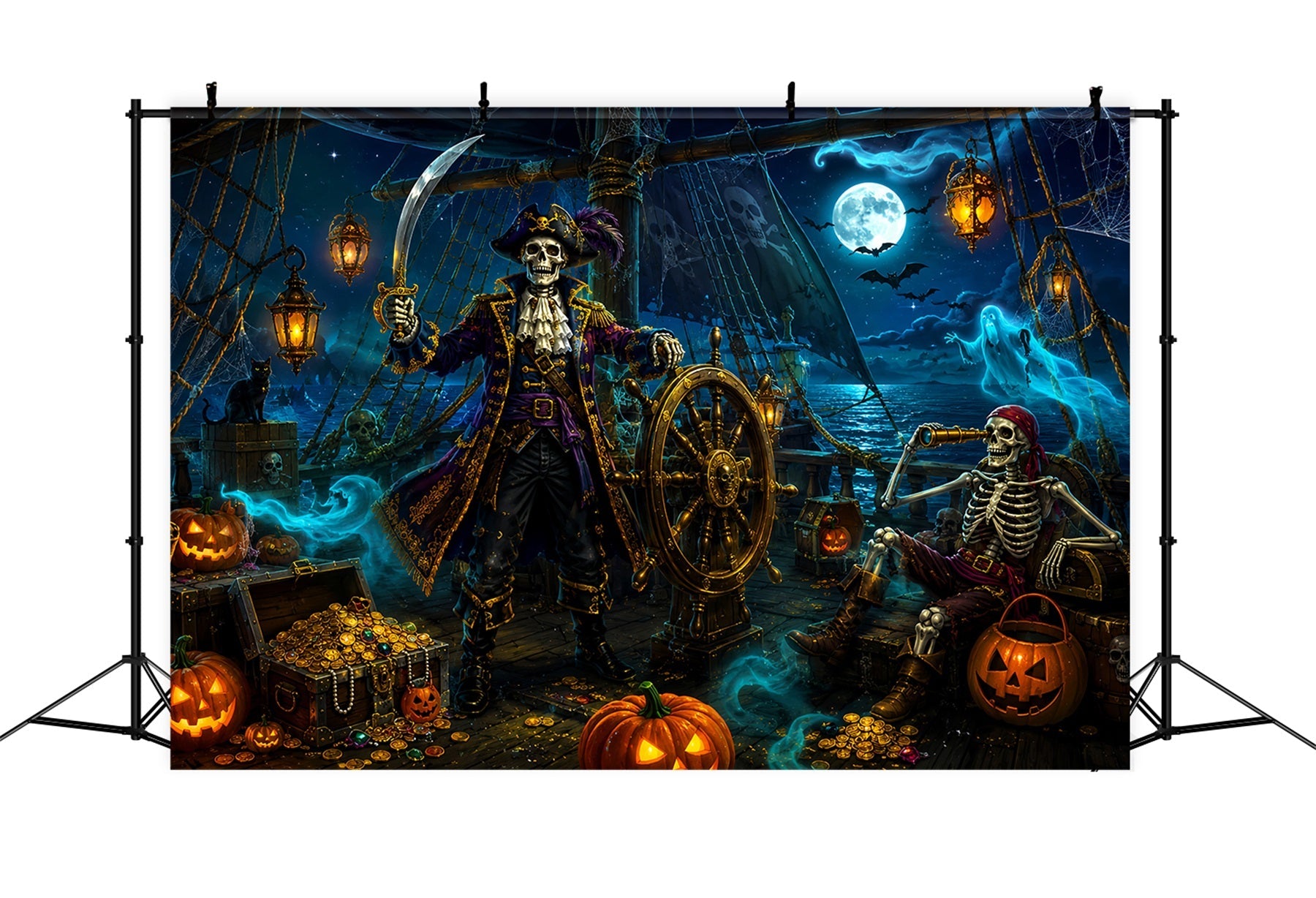 Halloween Theme Backdrop Skeleton Pirate Treasure Ship Halloween Backdrop For Photos UK LXX67-163