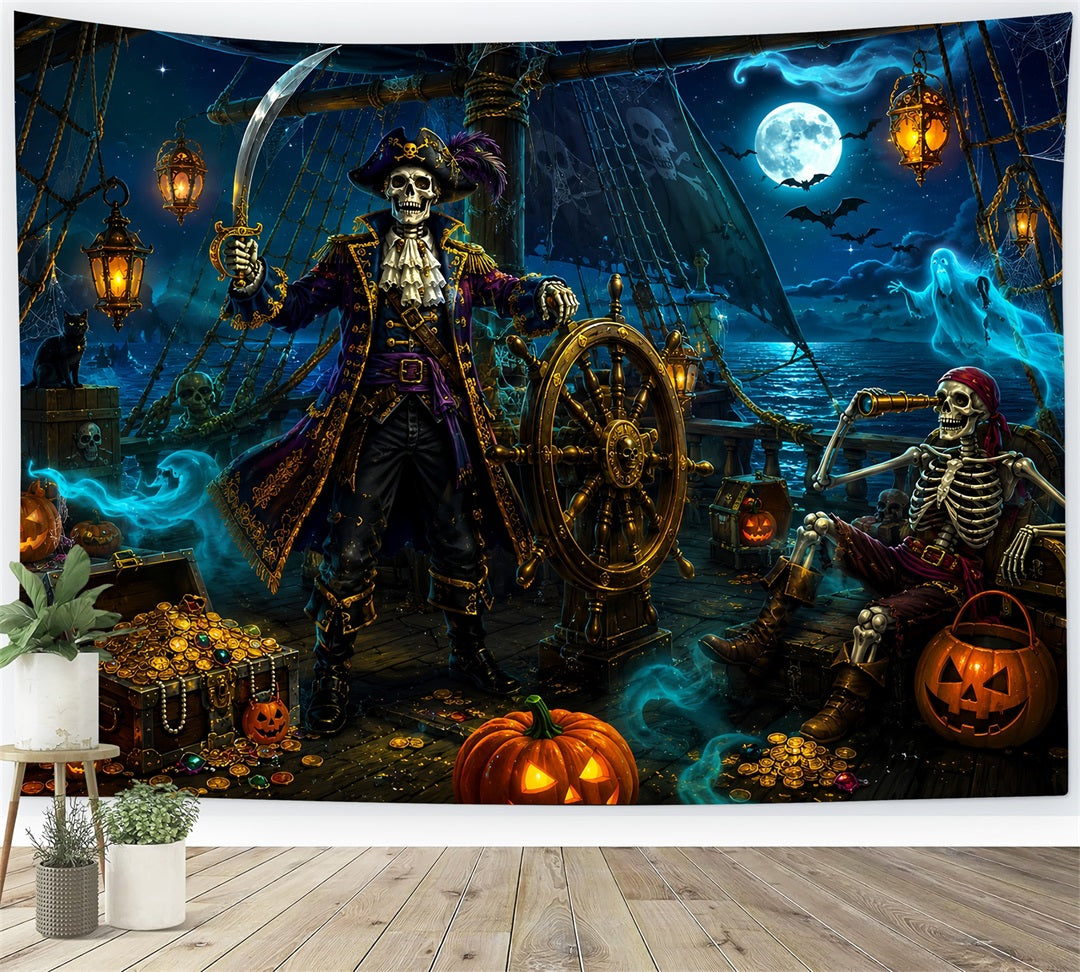 Halloween Theme Backdrop Skeleton Pirate Treasure Ship Halloween Backdrop For Photos UK LXX67-163