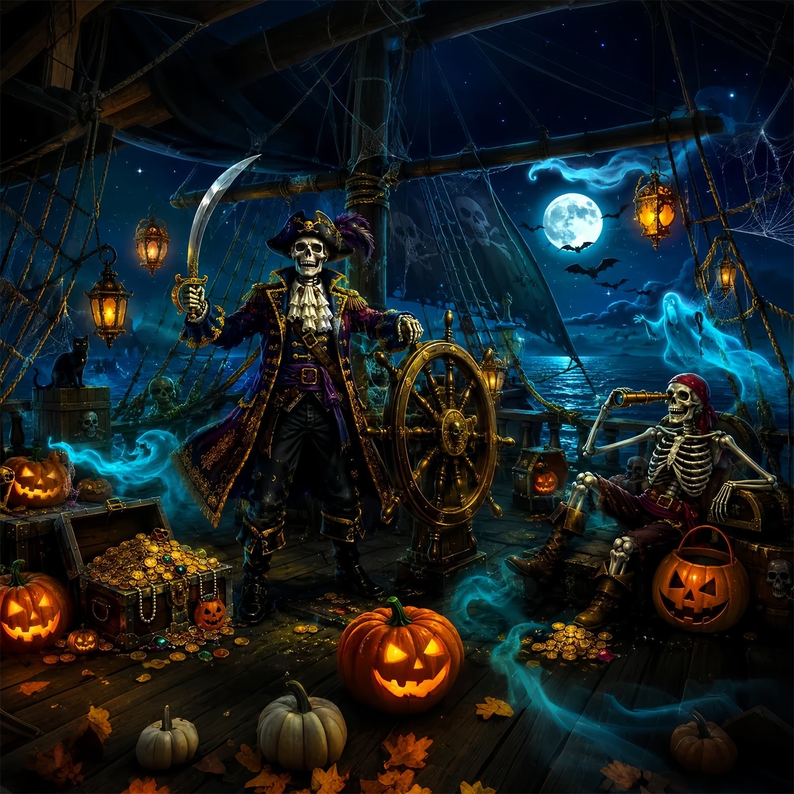 Halloween Theme Backdrop Skeleton Pirate Treasure Ship Halloween Backdrop For Photos UK LXX67-163