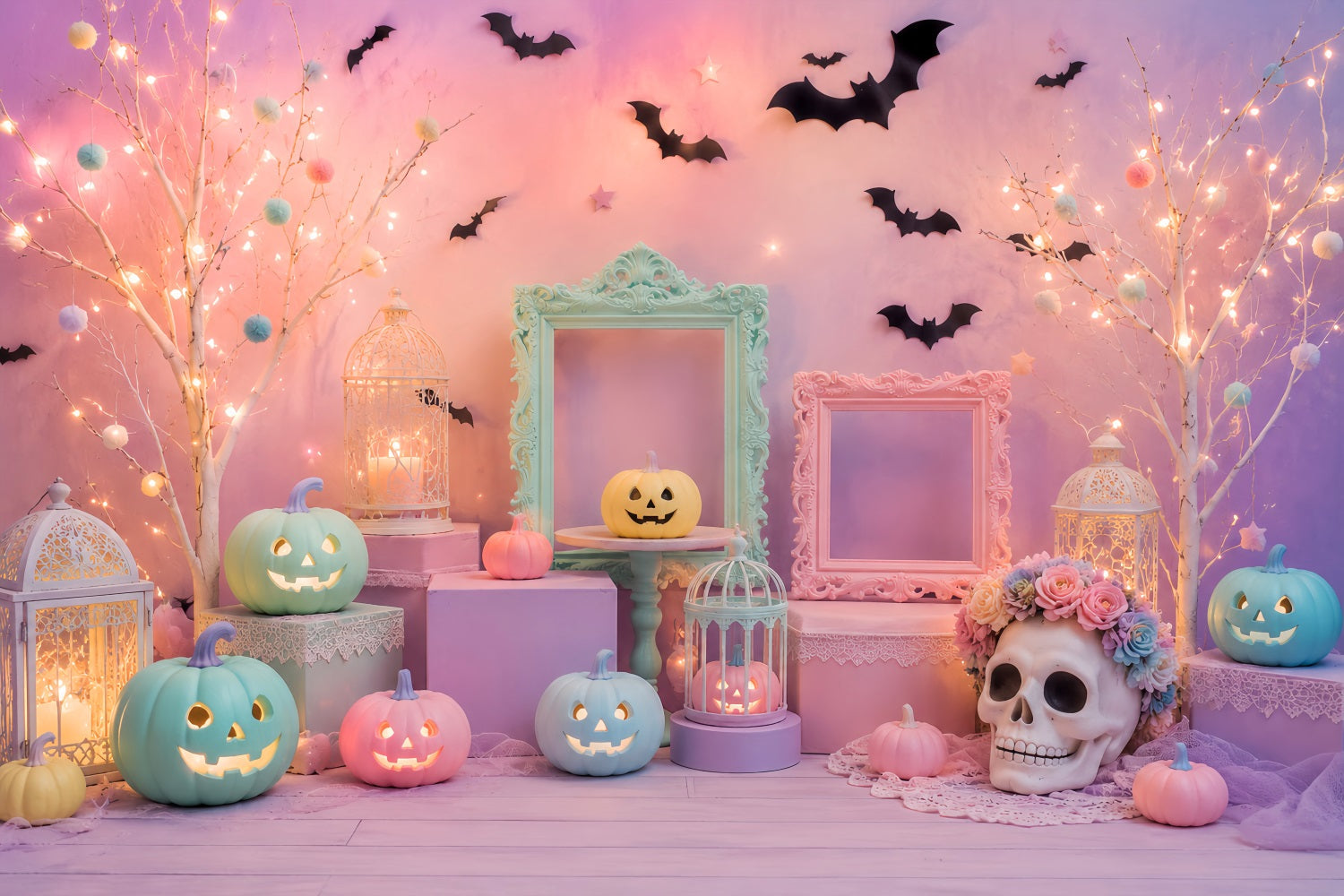 Cute Halloween Backdrops Pastel Pumpkin Skull Display Halloween Backdrops Scene Setters UK LXX67-165