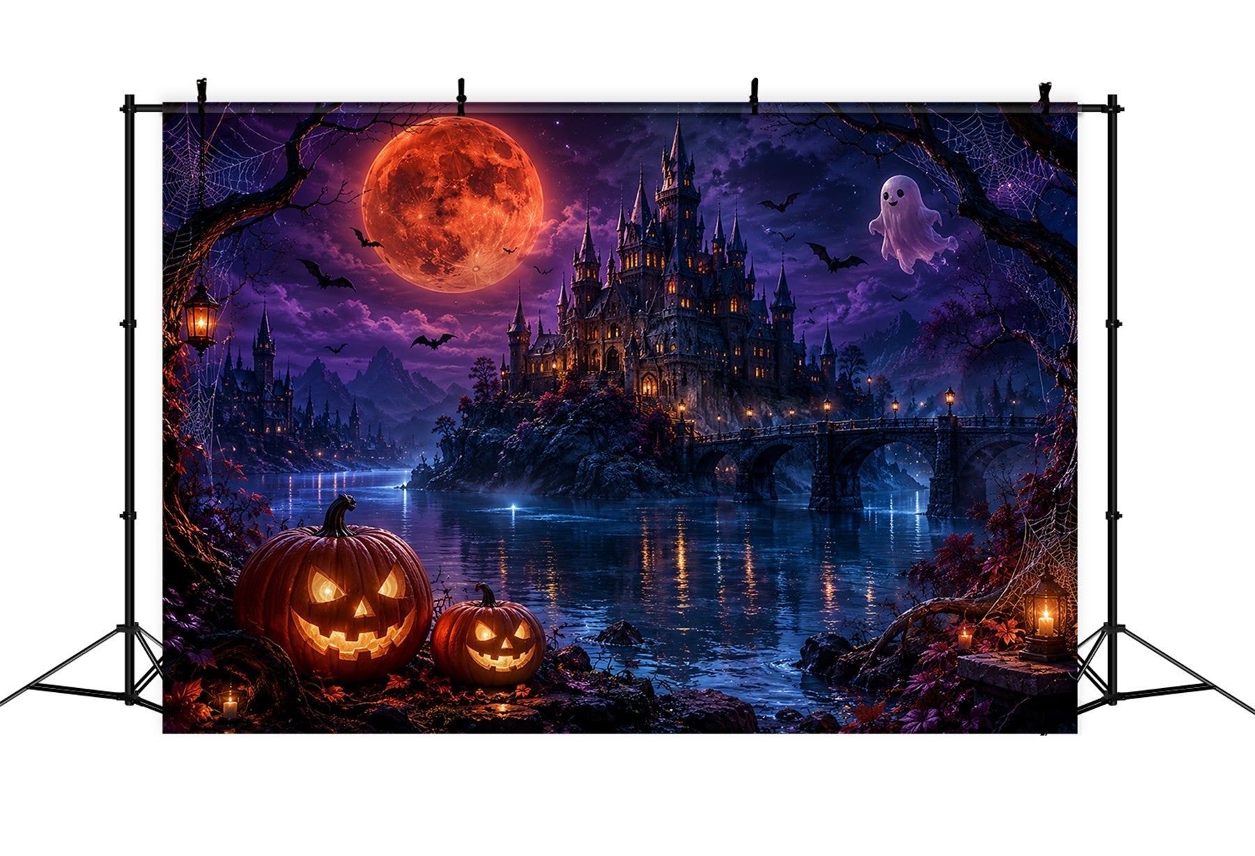 Halloween Moon Backdrop Moonlit Ghost Castle Lake Halloween Photo Backdrops UK LXX67-167