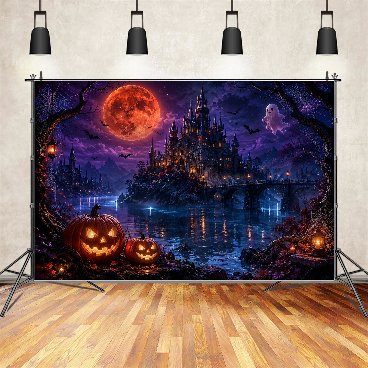 Halloween Moon Backdrop Moonlit Ghost Castle Lake Halloween Photo Backdrops UK LXX67-167