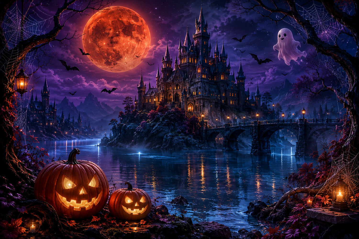 Halloween Moon Backdrop Moonlit Ghost Castle Lake Halloween Photo Backdrops UK LXX67-167