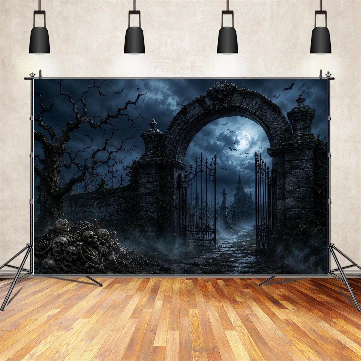 Outdoor Halloween Backdrop Skeleton Graveyard Stone Gateway Spooky Halloween Backdrop UK LXX67-168