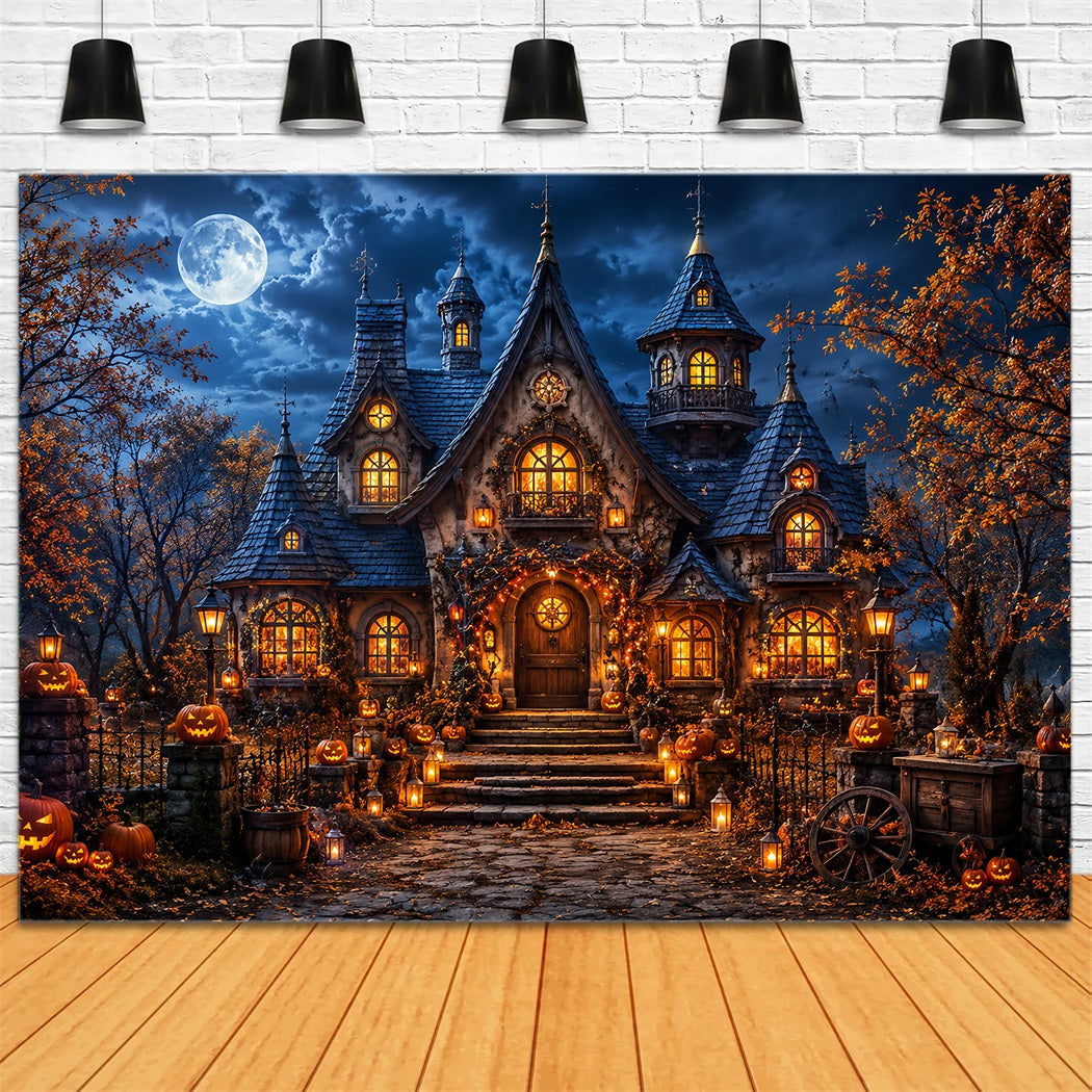 Fall Halloween Backdrop Moonlit Pumpkin Cottage Lanterns Scary Halloween Backdrops UK LXX67-17