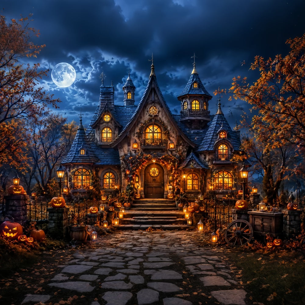 Fall Halloween Backdrop Moonlit Pumpkin Cottage Lanterns Scary Halloween Backdrops UK LXX67-17