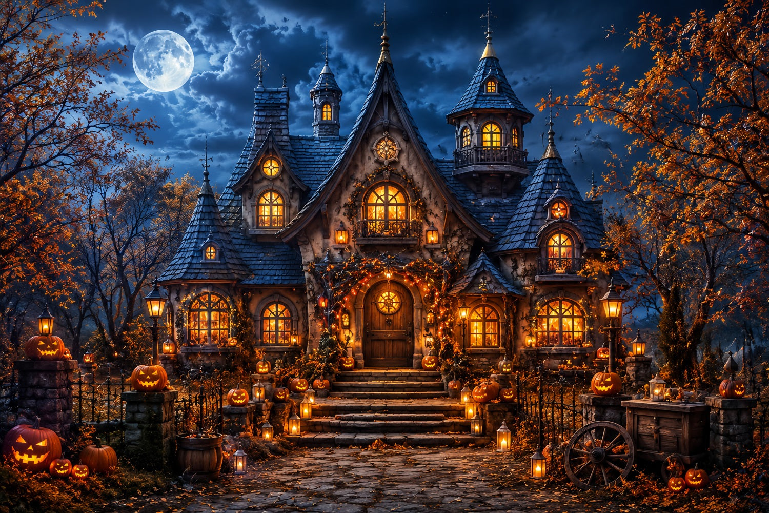Fall Halloween Backdrop Moonlit Pumpkin Cottage Lanterns Scary Halloween Backdrops UK LXX67-17