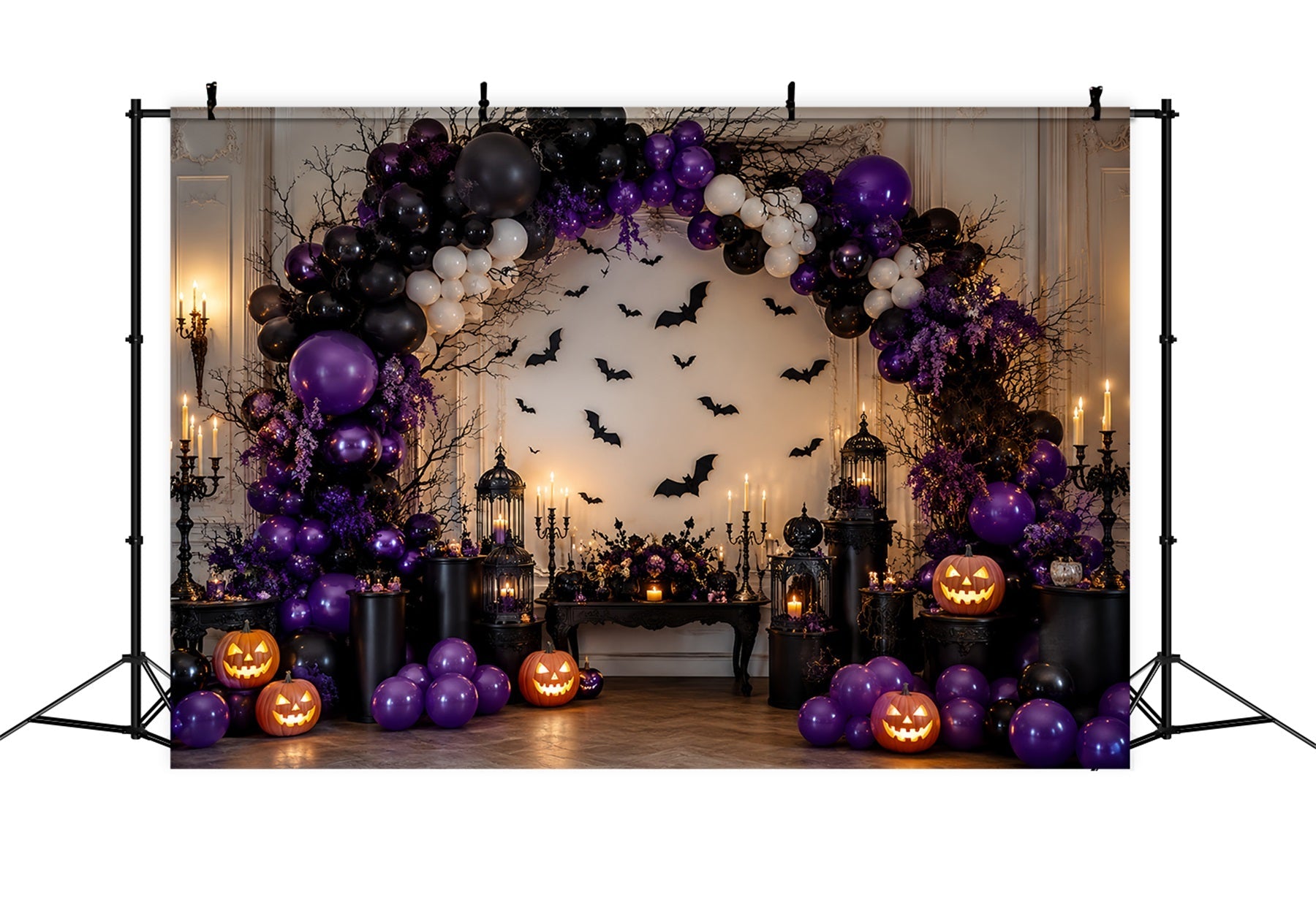Halloween Pumpkin Backdrop Purple Bat Balloon Arch Halloween Photo Backdrop Ideas UK LXX67-171