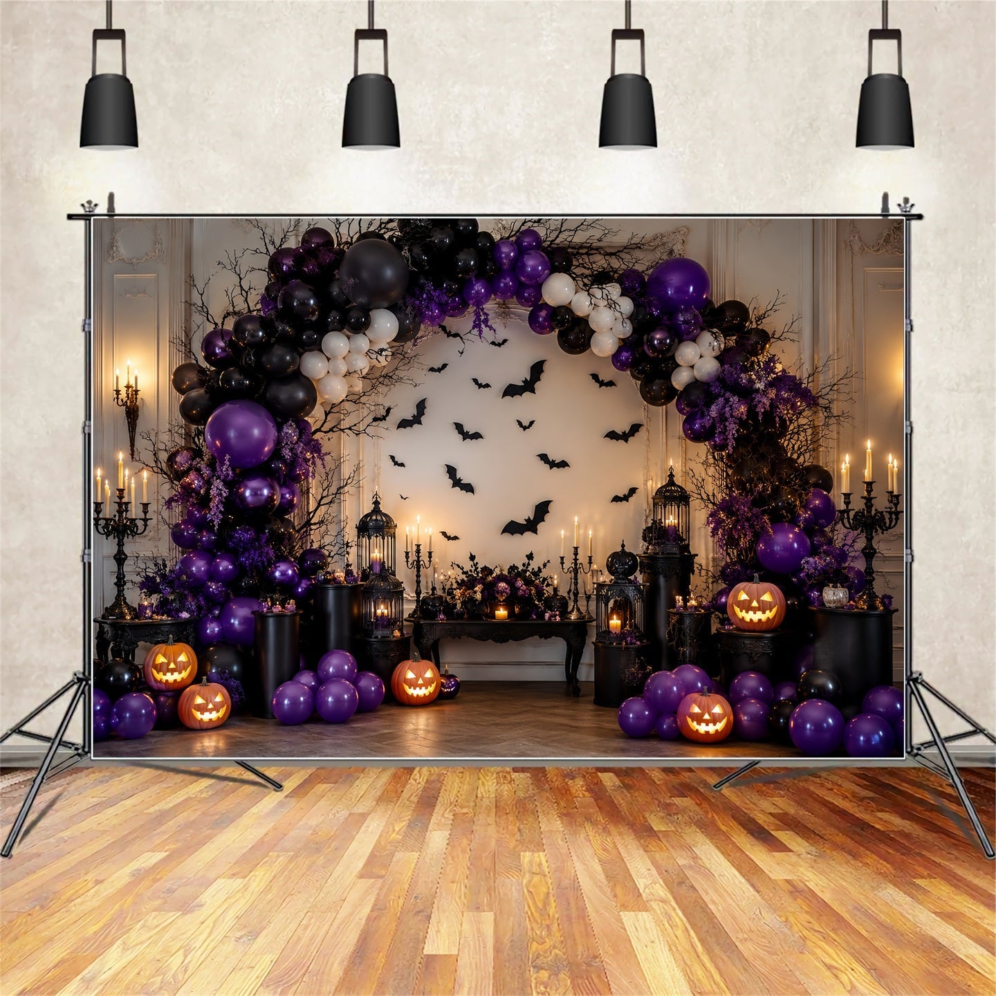 Halloween Pumpkin Backdrop Purple Bat Balloon Arch Halloween Photo Backdrop Ideas UK LXX67-171