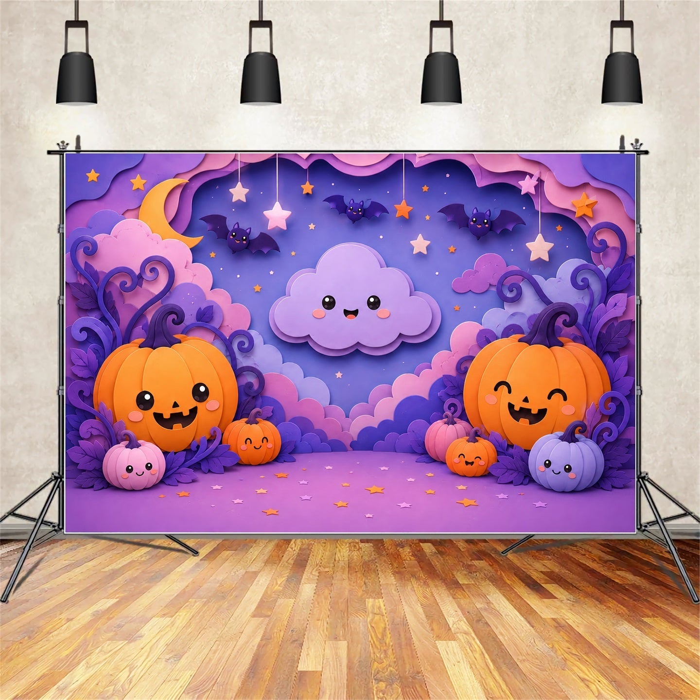 Cute Halloween Photo Backdrop Pastel Pumpkin Cloud Party Backdrop Halloween UK LXX67-172
