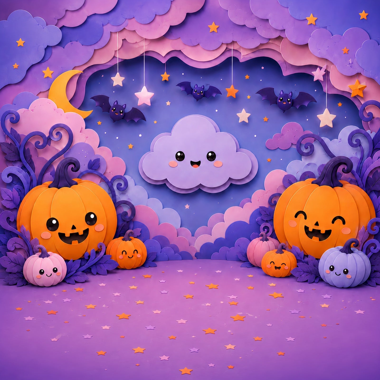 Cute Halloween Photo Backdrop Pastel Pumpkin Cloud Party Backdrop Halloween UK LXX67-172
