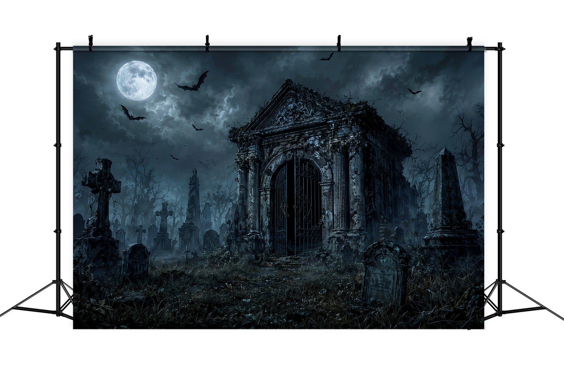 Custom Halloween Backdrop Moonlit Gothic Mausoleum Cemetery Halloween Graveyard Backdrop UK LXX67-173