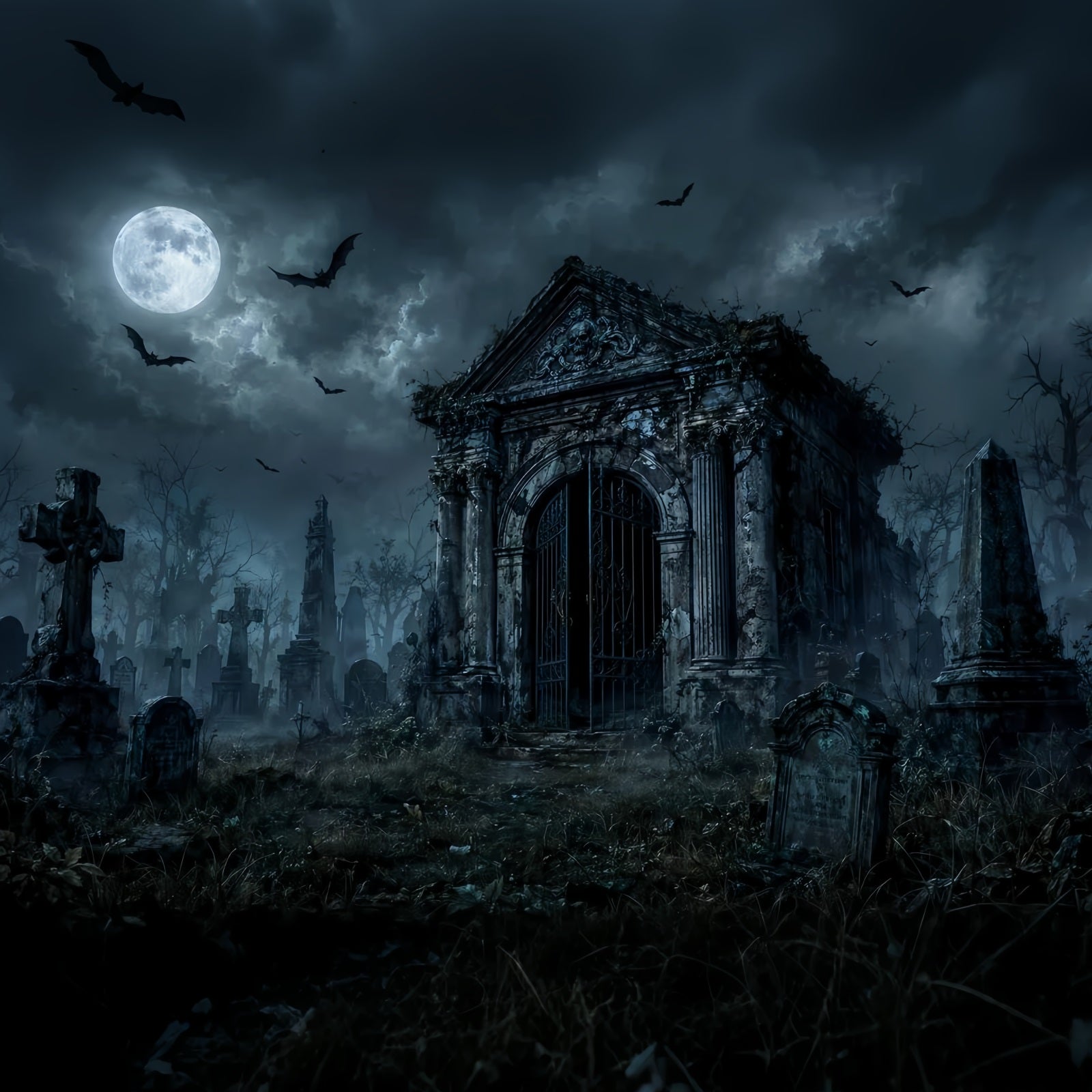 Custom Halloween Backdrop Moonlit Gothic Mausoleum Cemetery Halloween Graveyard Backdrop UK LXX67-173