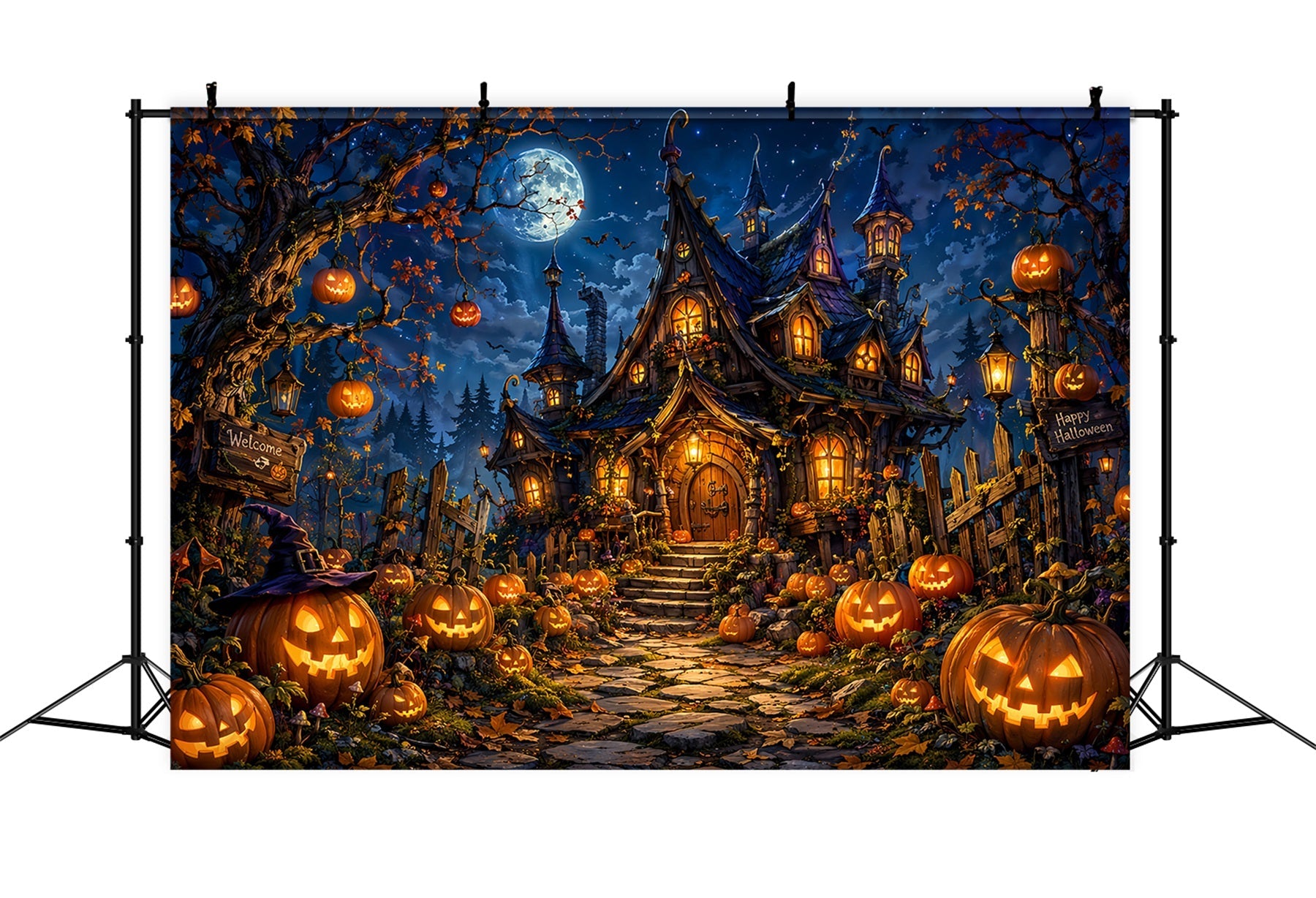 Halloween Castle Backdrop Moonlit Pumpkin Witch Cottage Large Halloween Backdrop UK LXX67-175