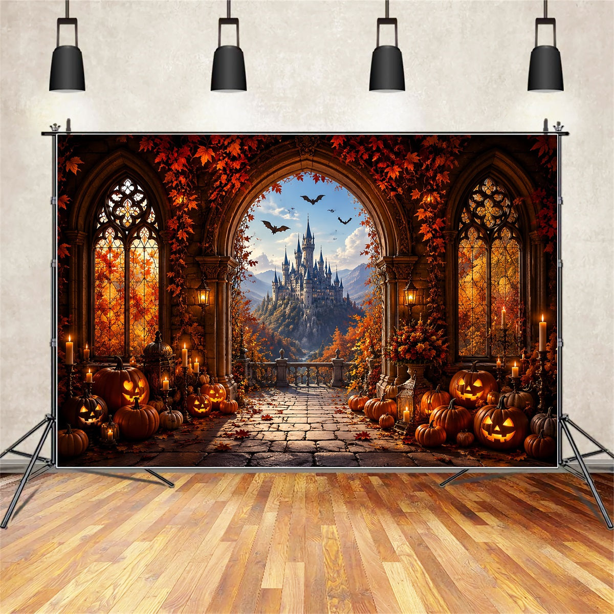 Fall Halloween Backdrop Autumn Pumpkin Castle Archway Scary Halloween Backdrops UK LXX67-176