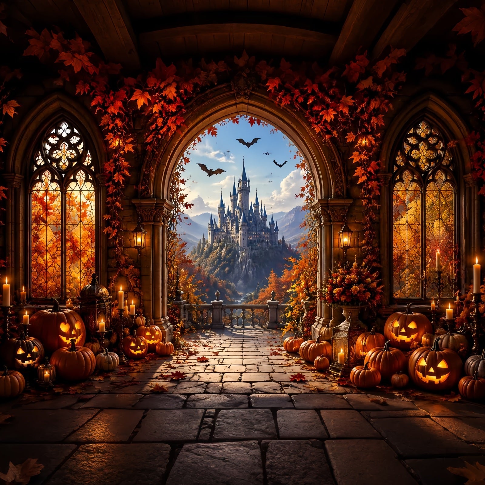 Fall Halloween Backdrop Autumn Pumpkin Castle Archway Scary Halloween Backdrops UK LXX67-176