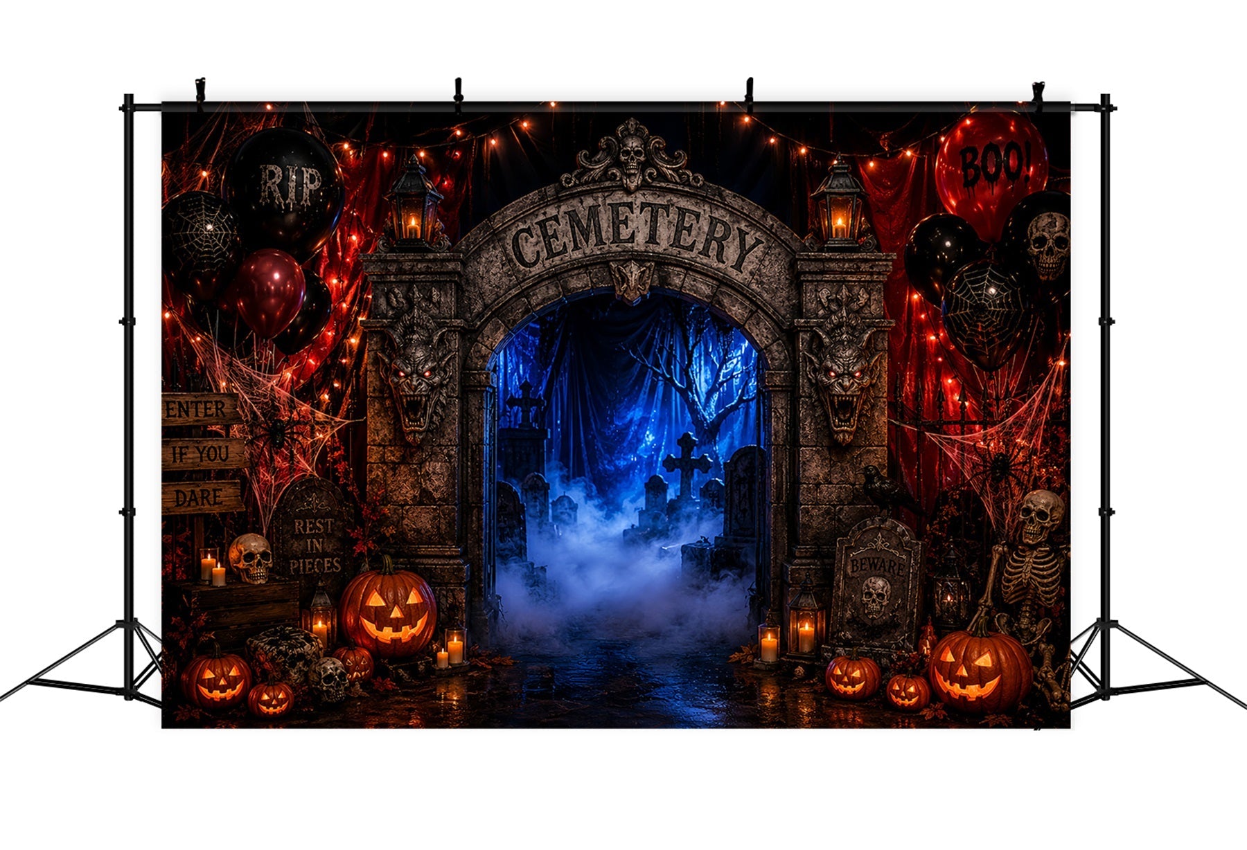 Halloween Cardboard Backdrops Foggy Cemetery Entrance Arch Halloween Photography Backdrop UK LXX67-178
