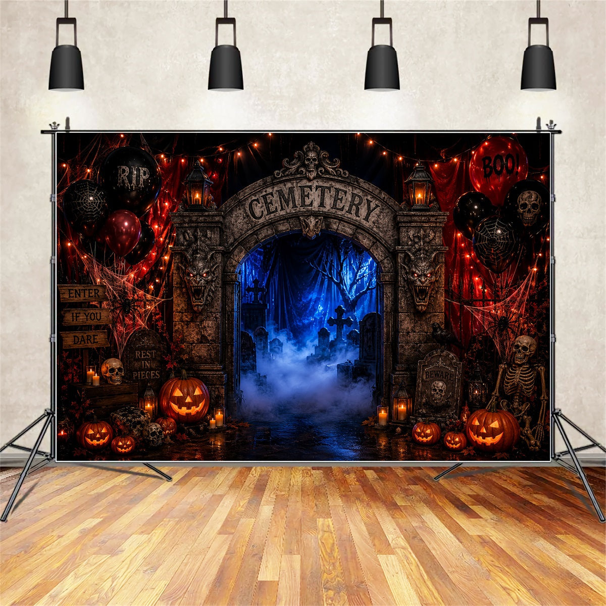Halloween Cardboard Backdrops Foggy Cemetery Entrance Arch Halloween Photography Backdrop UK LXX67-178