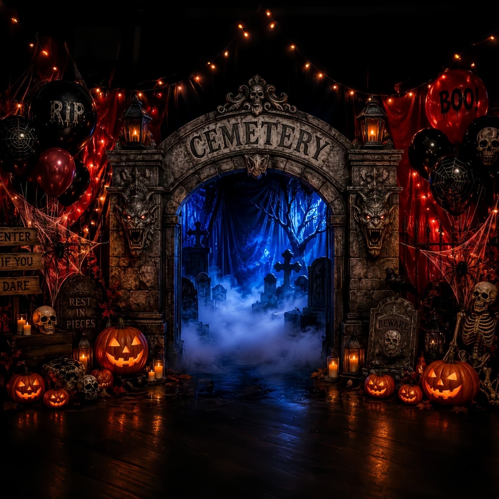 Halloween Cardboard Backdrops Foggy Cemetery Entrance Arch Halloween Photography Backdrop UK LXX67-178