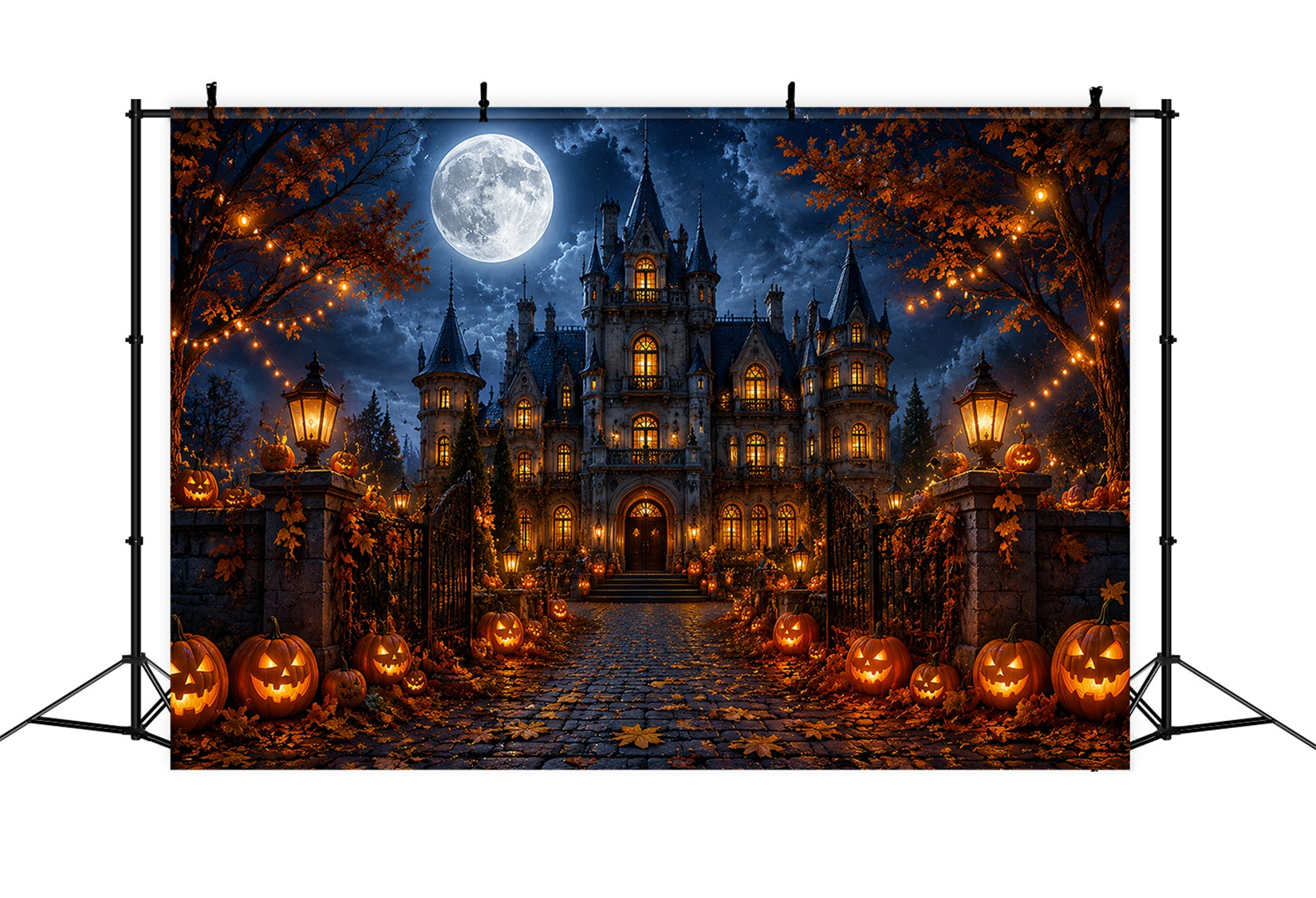 Fall Halloween Backdrop Moonlit Gothic Mansion Pumpkins Scary Halloween Backdrops UK LXX67-18