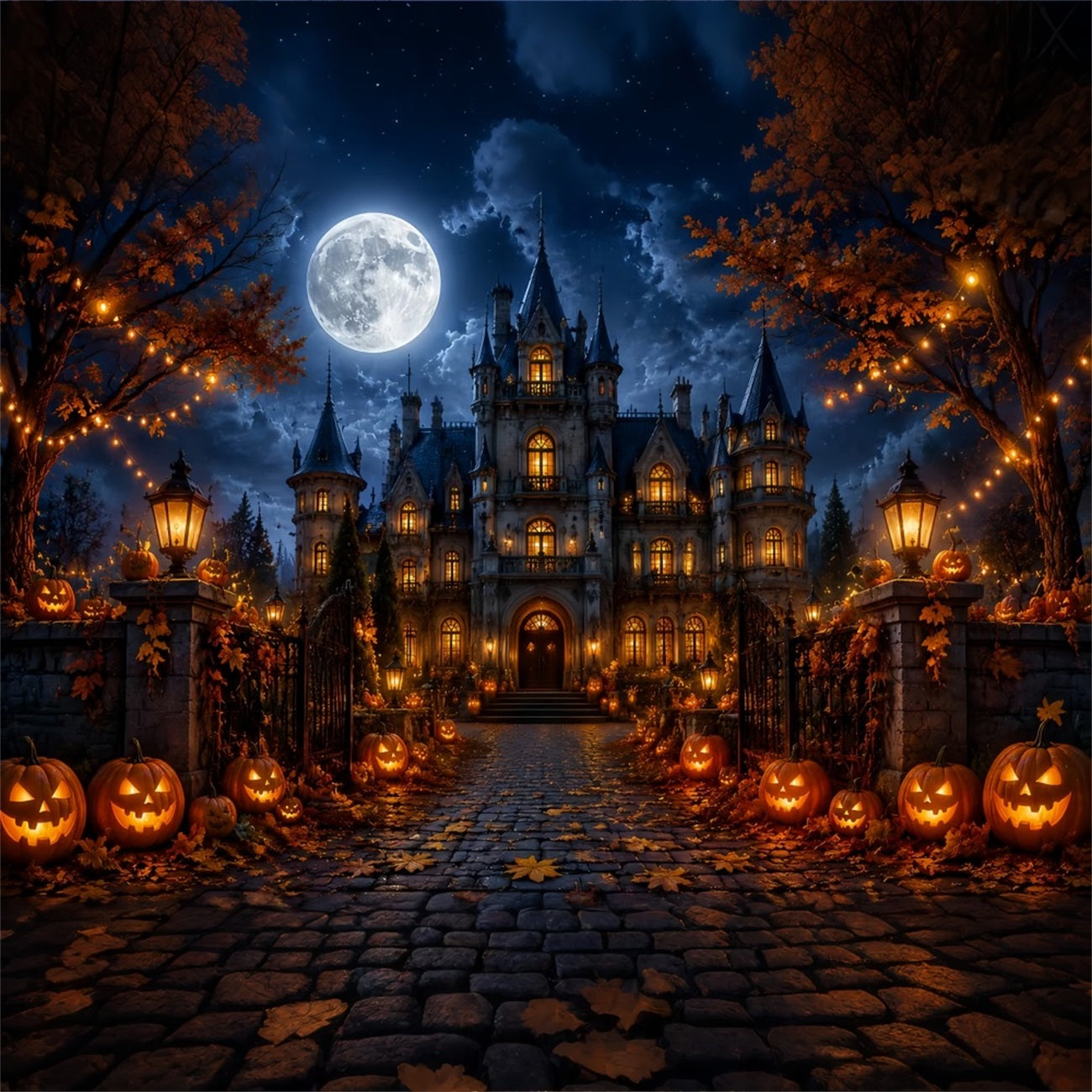 Fall Halloween Backdrop Moonlit Gothic Mansion Pumpkins Scary Halloween Backdrops UK LXX67-18