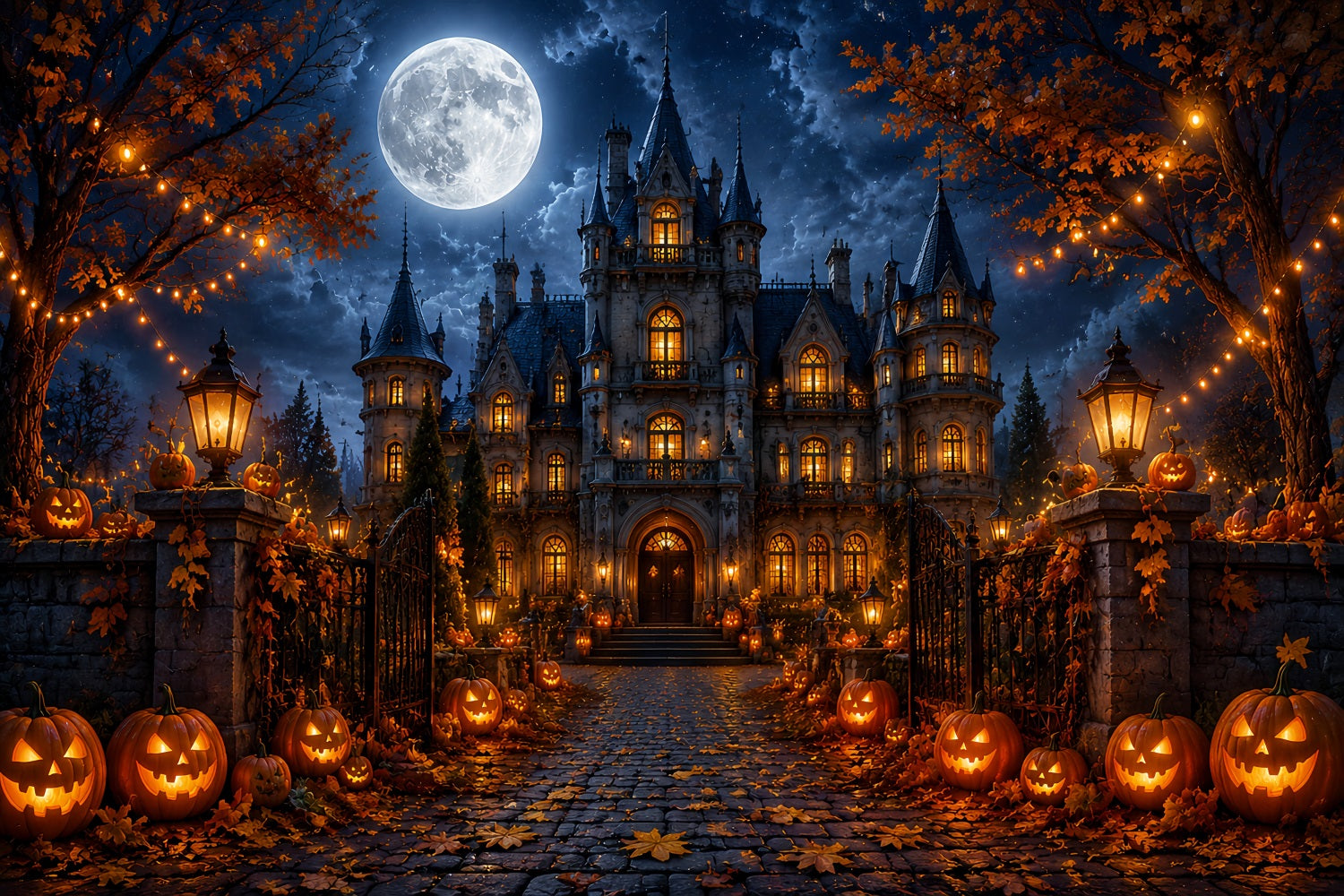 Fall Halloween Backdrop Moonlit Gothic Mansion Pumpkins Scary Halloween Backdrops UK LXX67-18