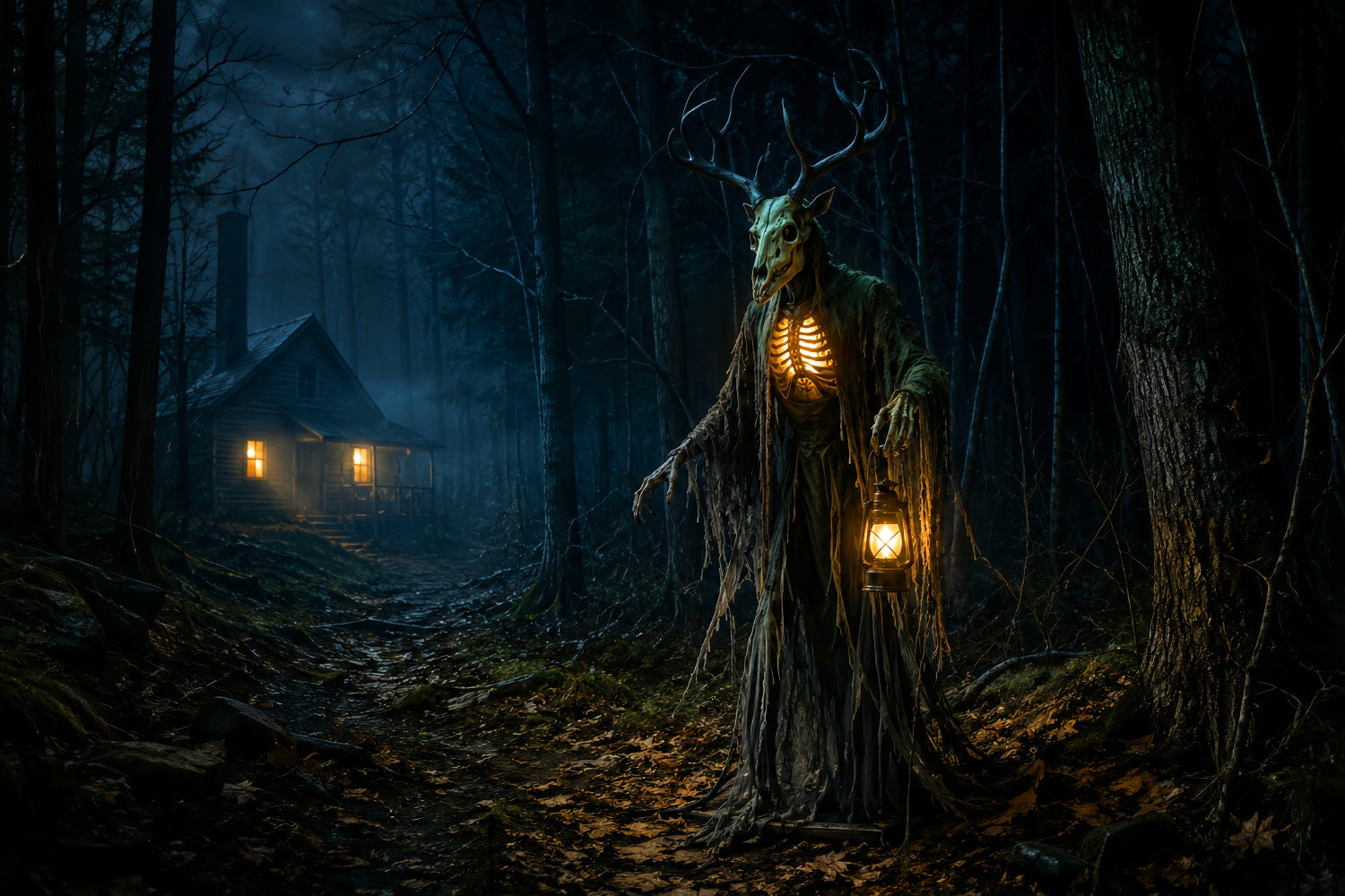 Halloween Backdrop Outdoor Antlered Forest Spirit Cabin Photo Backdrop Halloween UK LXX67-180
