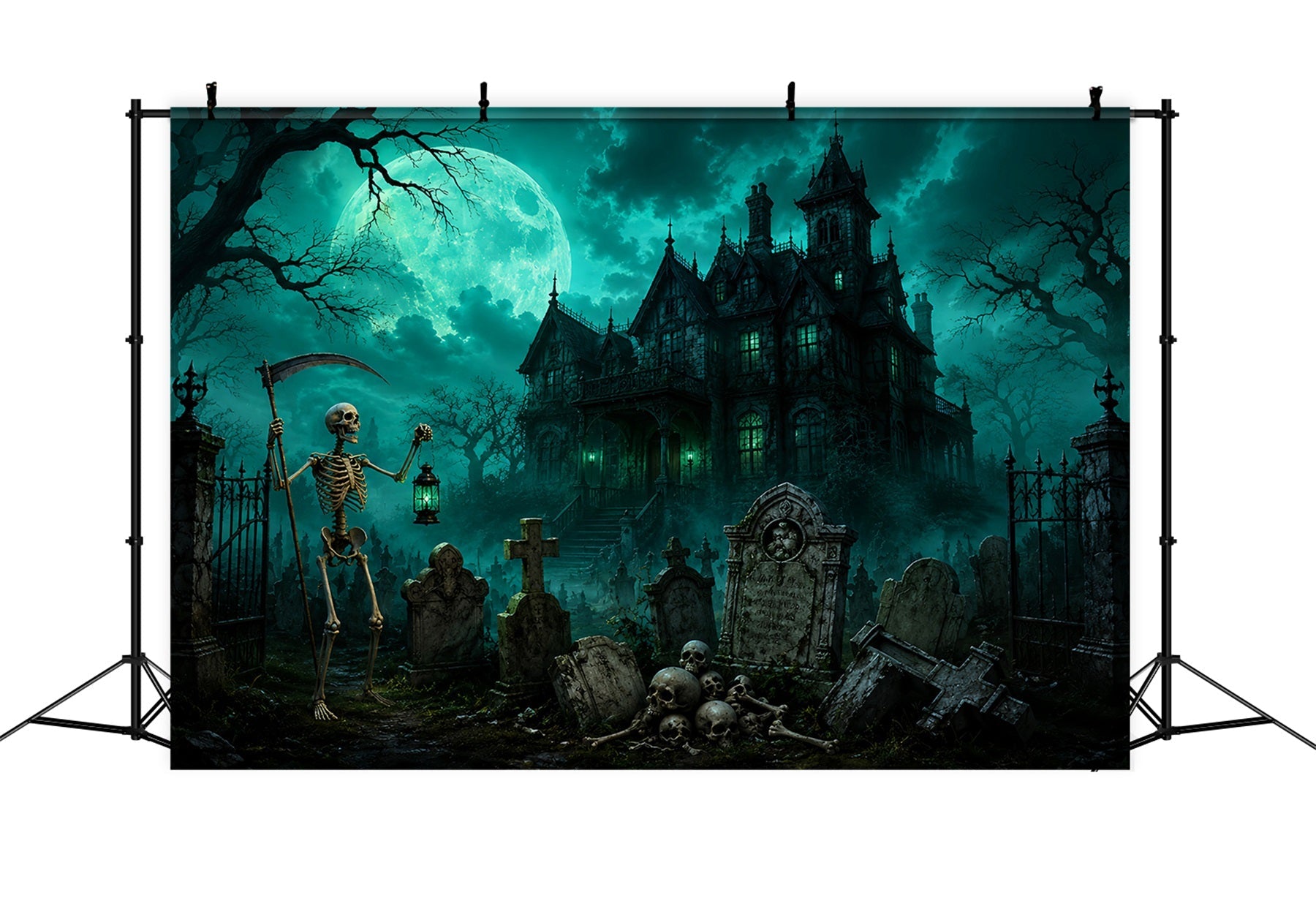Halloween Graveyard Backdrops Moonlit Skeleton Cemetery Mansion Photo Booth Halloween Backdrop UK LXX67-181