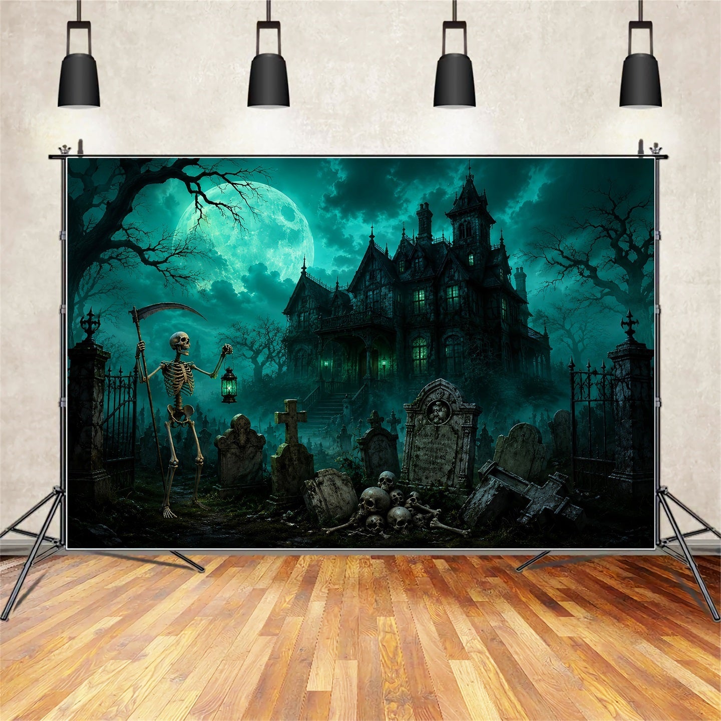 Halloween Graveyard Backdrops Moonlit Skeleton Cemetery Mansion Photo Booth Halloween Backdrop UK LXX67-181
